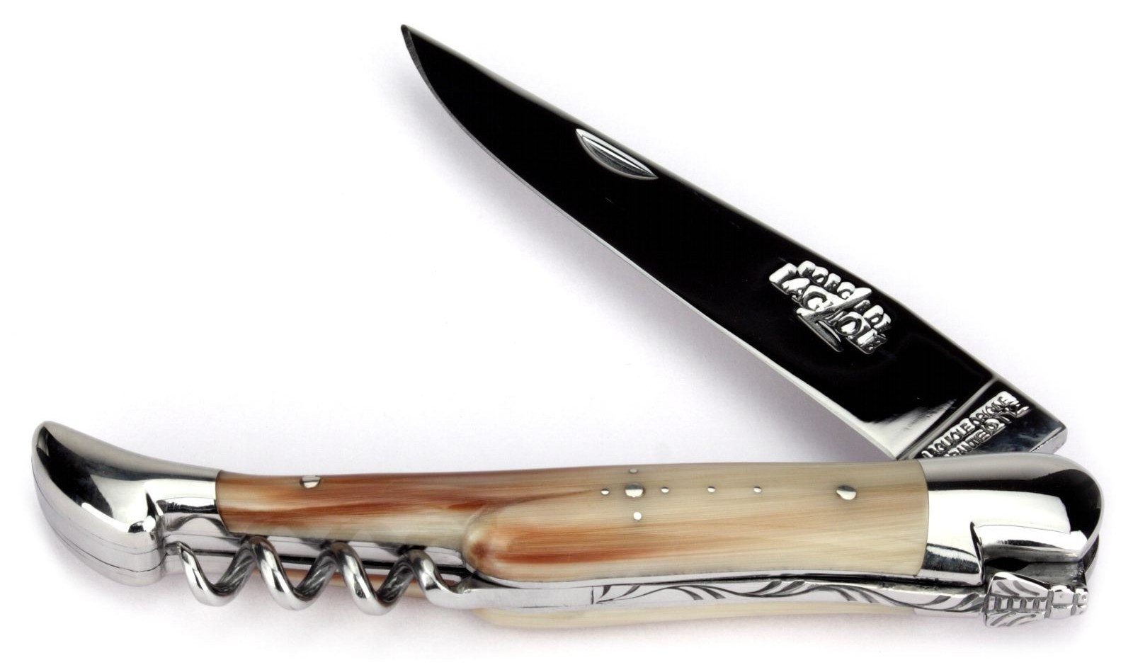 Forge de Laguiole Taschenmesser 22121 IN B BRI, Griff 12cm Hornspitze - Feder verziert - Korkenzieher - Stahl glänzend