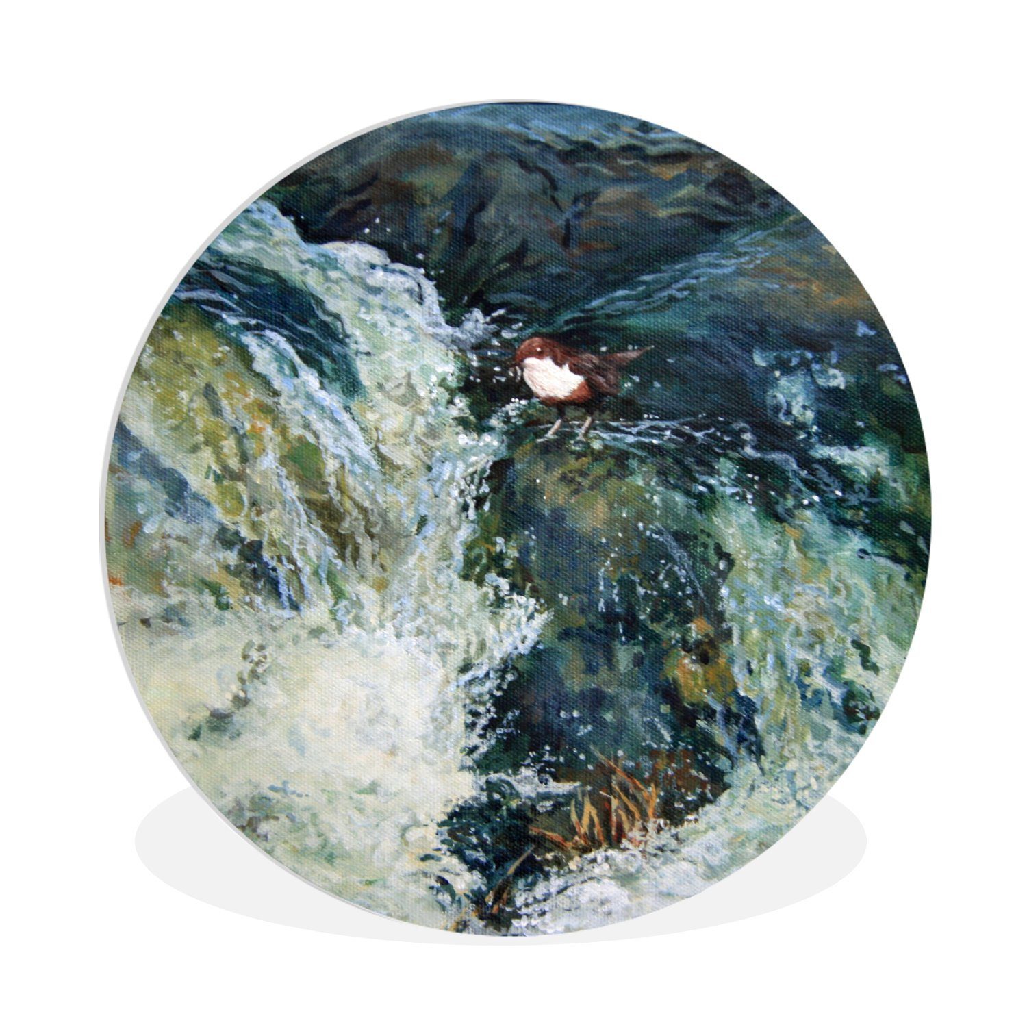 MuchoWow Gemälde Ölgemälde Der Vogel und der Wasserfall, (1 St), Kreis Wanddekoration Forex, Rundes Wandbild, Wohnzimmer, 30x30 cm