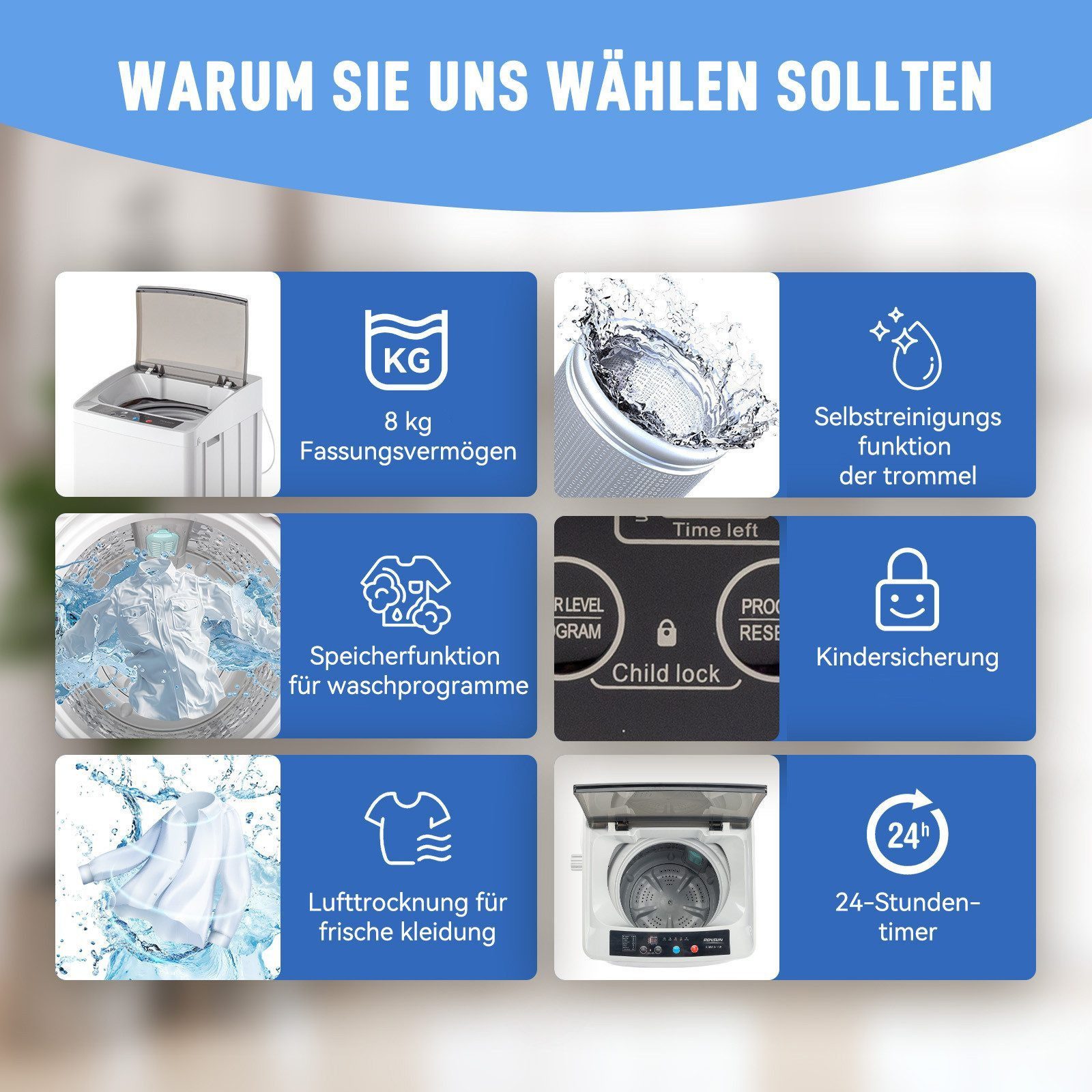 LALAHO Waschmaschine Toplader XQB70-168, 26-Minuten-Schnellwaschgang – Bild 5 von 5