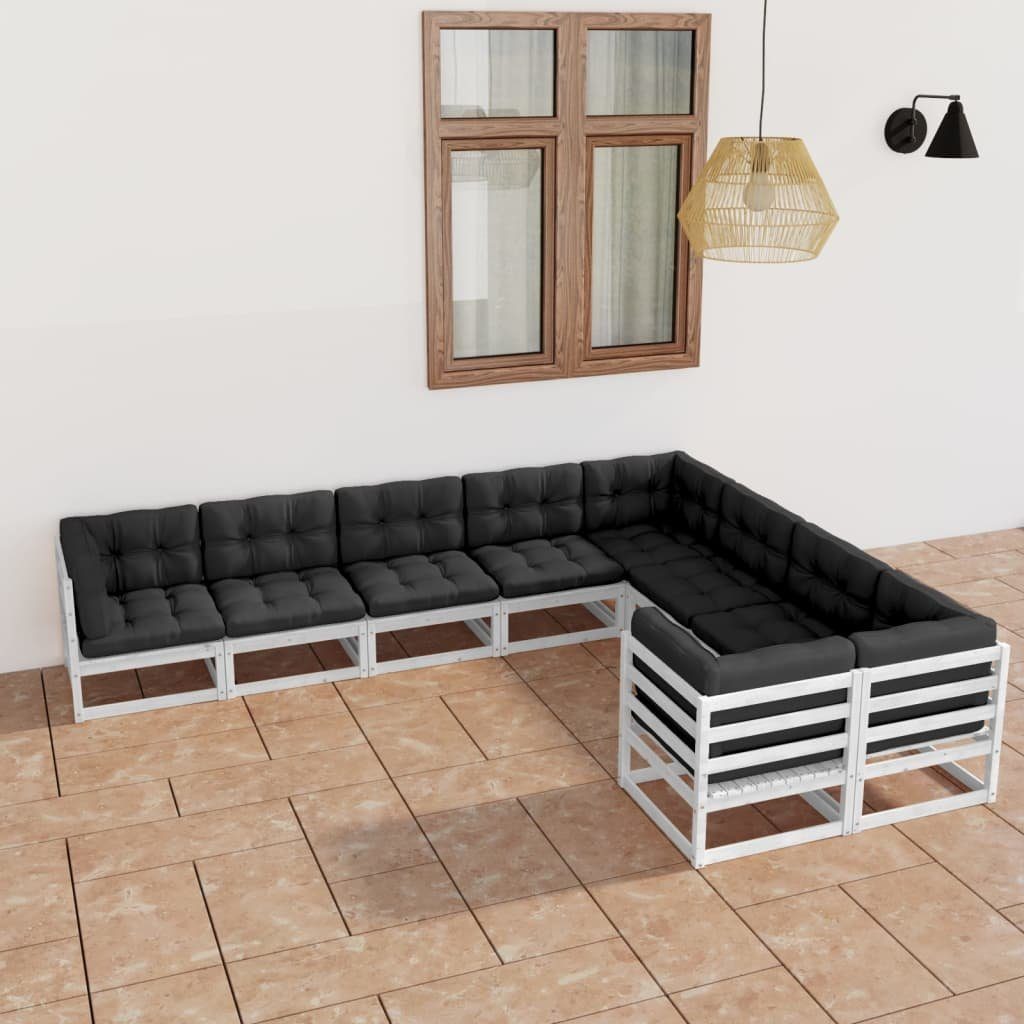 vidaXL Kissen Garten-Lounge-Set 9-tlg. (1-tlg) Massivholz mit Weiß Kiefer, Gartenlounge-Set