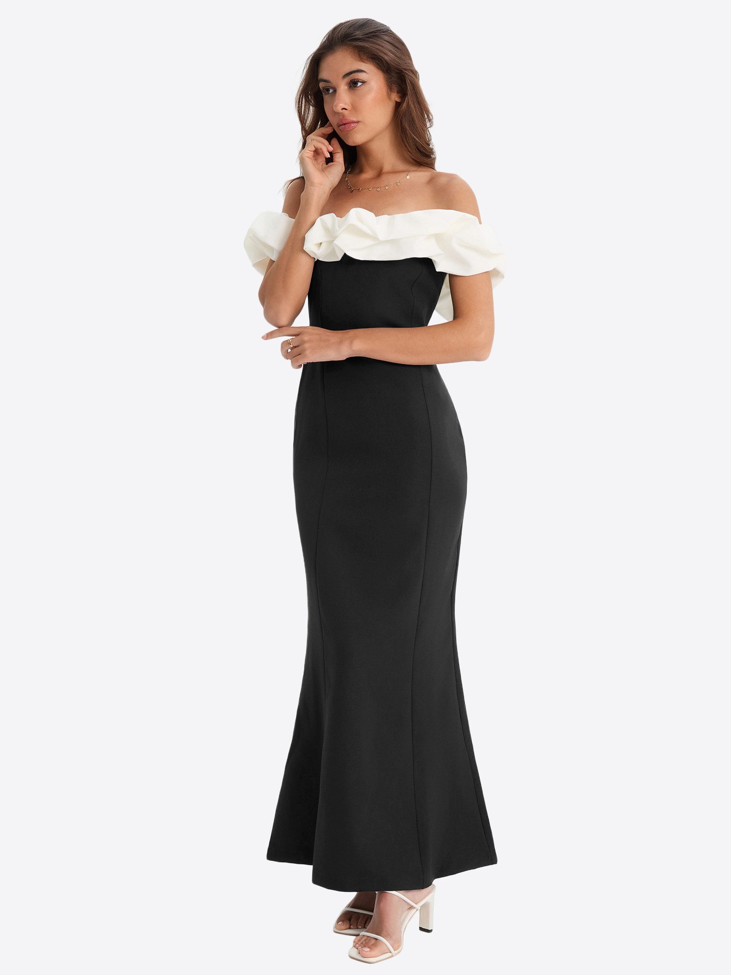 Imily Bela Maxikleid Damen Off-Shoulder Mermaid mit Rüschen Elegant Abendkleid (Packung, 1-tlg., 1per-Pack) mit voluminöser weißer Rüschen