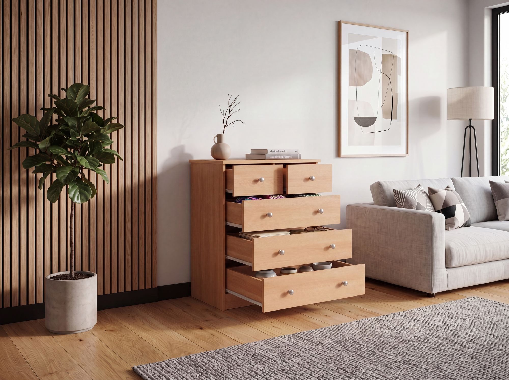 FineBuy Design Holz-Kommode 60 x 70 x 35 cm mit 5 Schubladen, Mehrzweckanrichte flach für Flur, Modernes Sideboard zeitlose Anrichte – Bild 2 von 5
