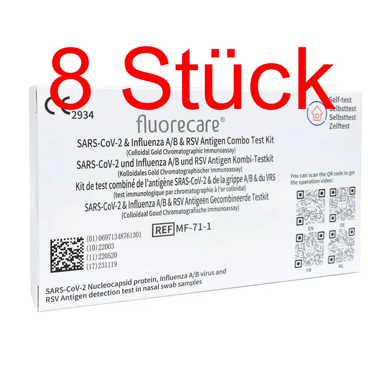 fluorecare PSA-Schnelltest SARS-CoV-2, Influenza A+B & RSV Antigen 4in1 Kombi Test, 8