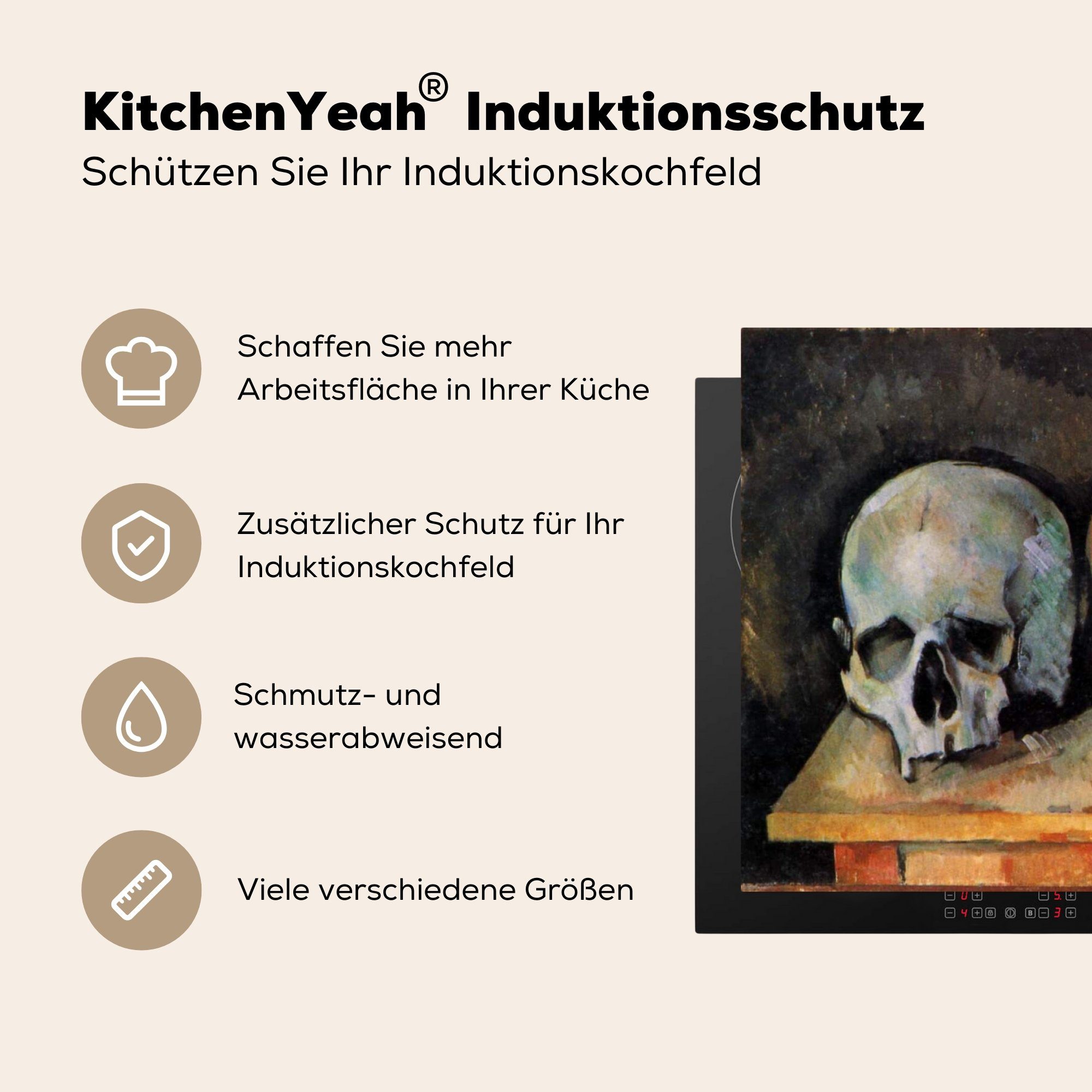 Totenköpfe (1 Cézanne, von Gemälde 83x51 tlg), - Drei Herdblende-/Abdeckplatte für küche MuchoWow cm, Vinyl, Ceranfeldabdeckung, Arbeitsplatte Paul
