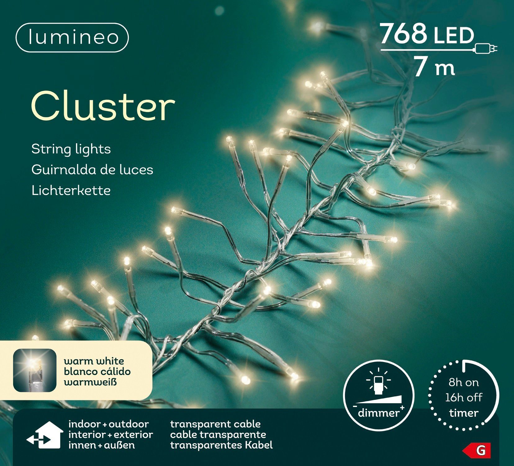 Lumineo LED-Lichterkette Lumineo Lichterkette CLUSTER 768 LED 7m warm weiß, transparentes Kabel, Indoor/Outdoor, dimmbar, 8h-Timer, + 5 m Zuleitung