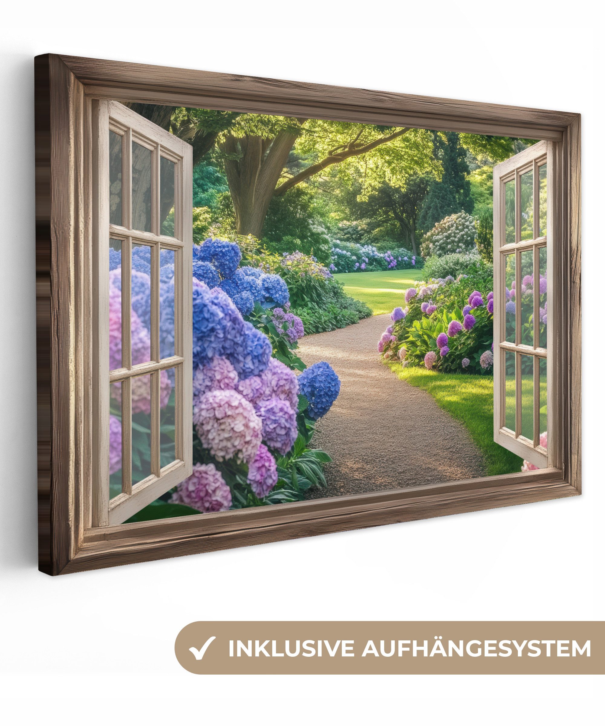 OneMillionCanvasses® Leinwandbild Aussicht - Garten - Fenster - Hortensie - günstig online kaufen