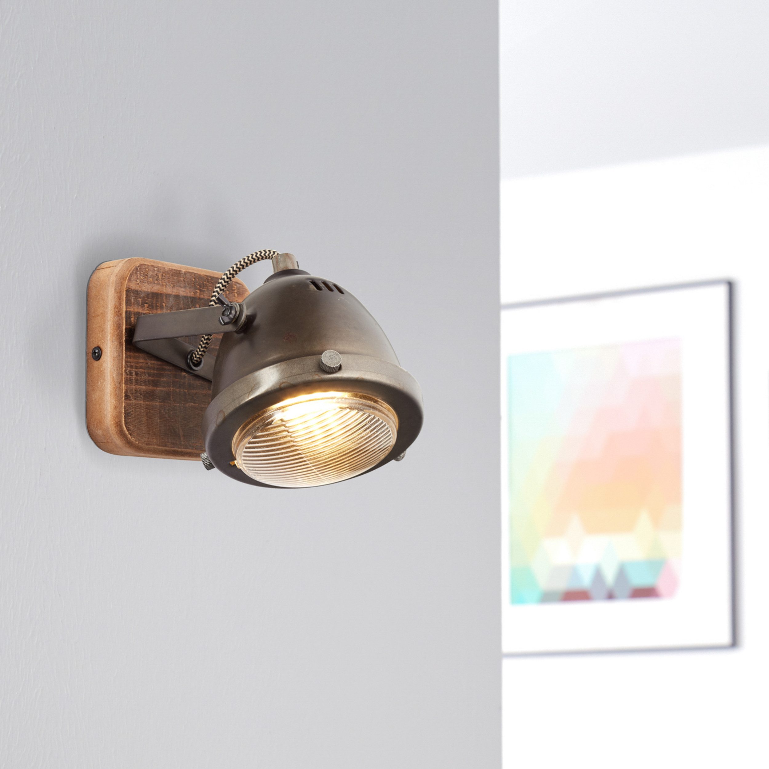 Lightbox Deckenstrahler, ohne Leuchtmittel, rustikale Wandleuchte mit Retro Design 12x12cm - Wandspot Metall/Holz