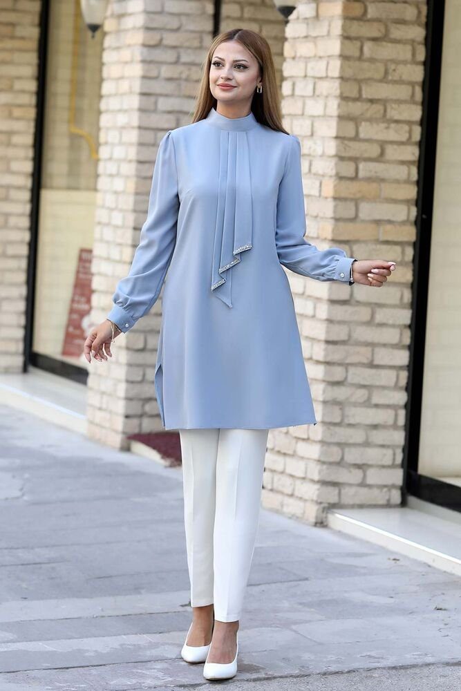 Grau Damen Modavitrini Modest Longtunika Fashion Hijab Mode Tunika Tunika Detail Krawatten lange
