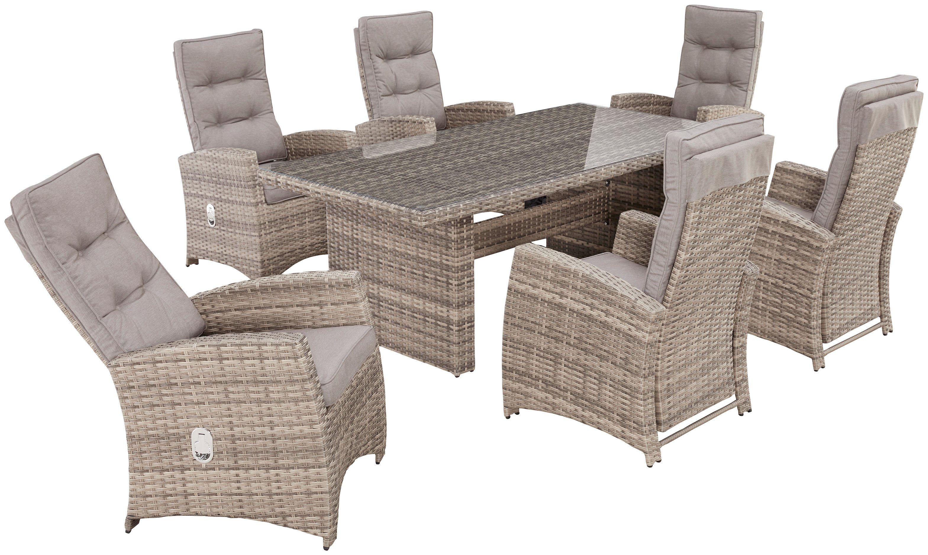 Tisch: Nizza, Sessel, Auflagen Garten-Essgruppe cm, 6 inkl. (19-tlg), KONIFERA 100x200 stufenlos verstellbar,