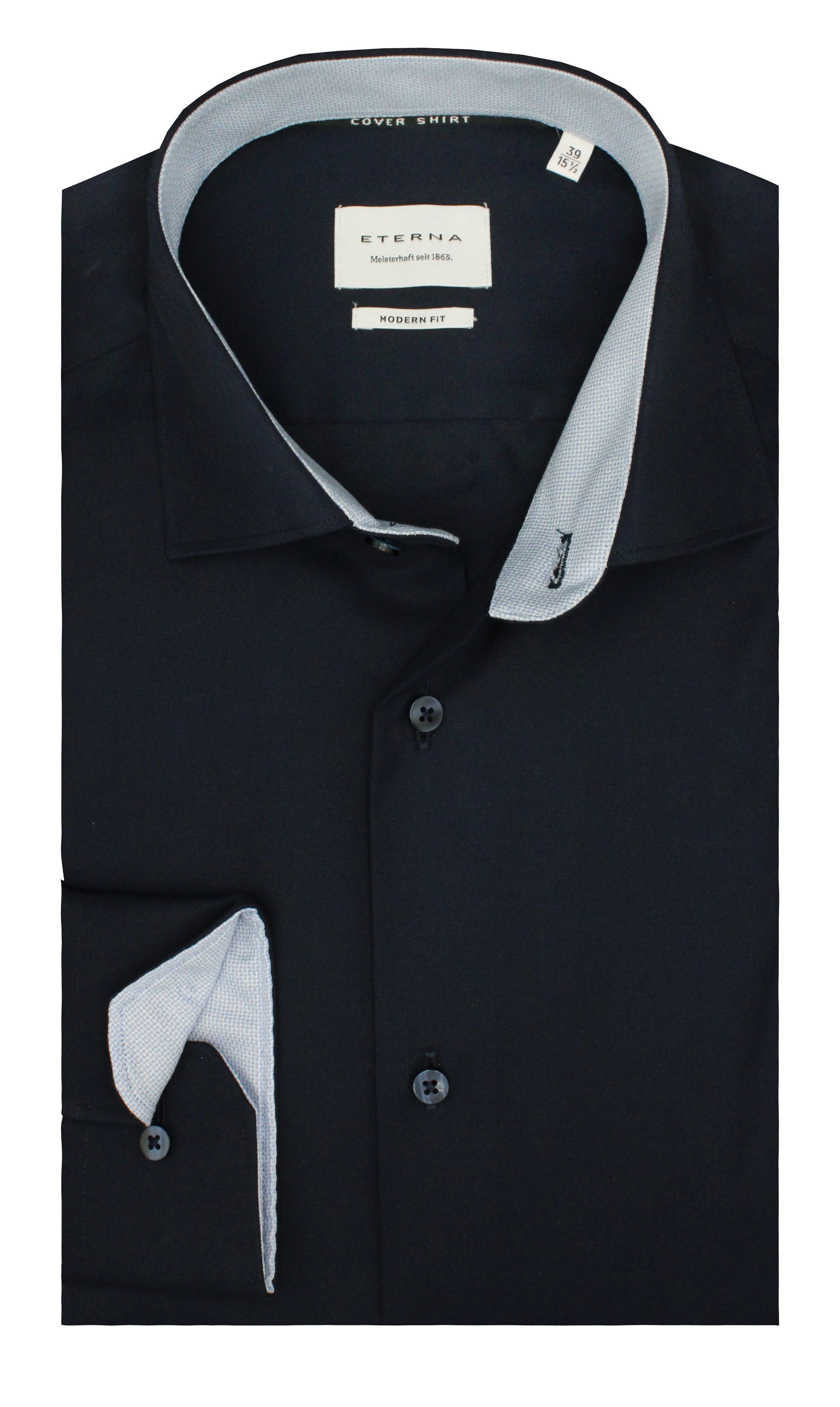 Eterna Businesshemd Modern Fit, Cover Shirt, Dunkelblau, Bügelfrei Regular Langarm, 100% Baumwolle, Kentkragen mit Ausputz