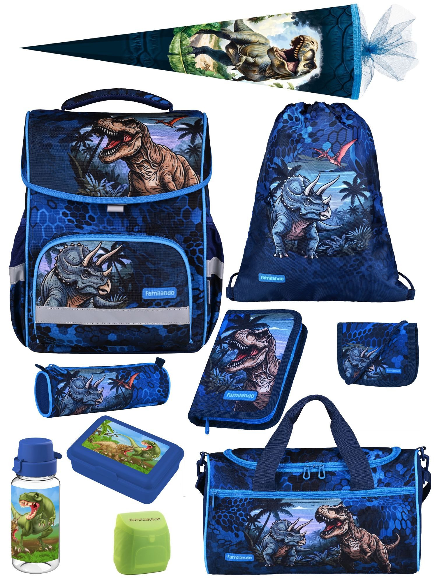 Familando Schulranzen Basic Plus 1.-4. Klasse ergonomisch, leicht, Volumen 15 Liter (Set, 10-tlg., inkl. Sporttasche und Schultüte / Zuckertüte 85cm), Dino T-Rex Dinosaurier Motiv