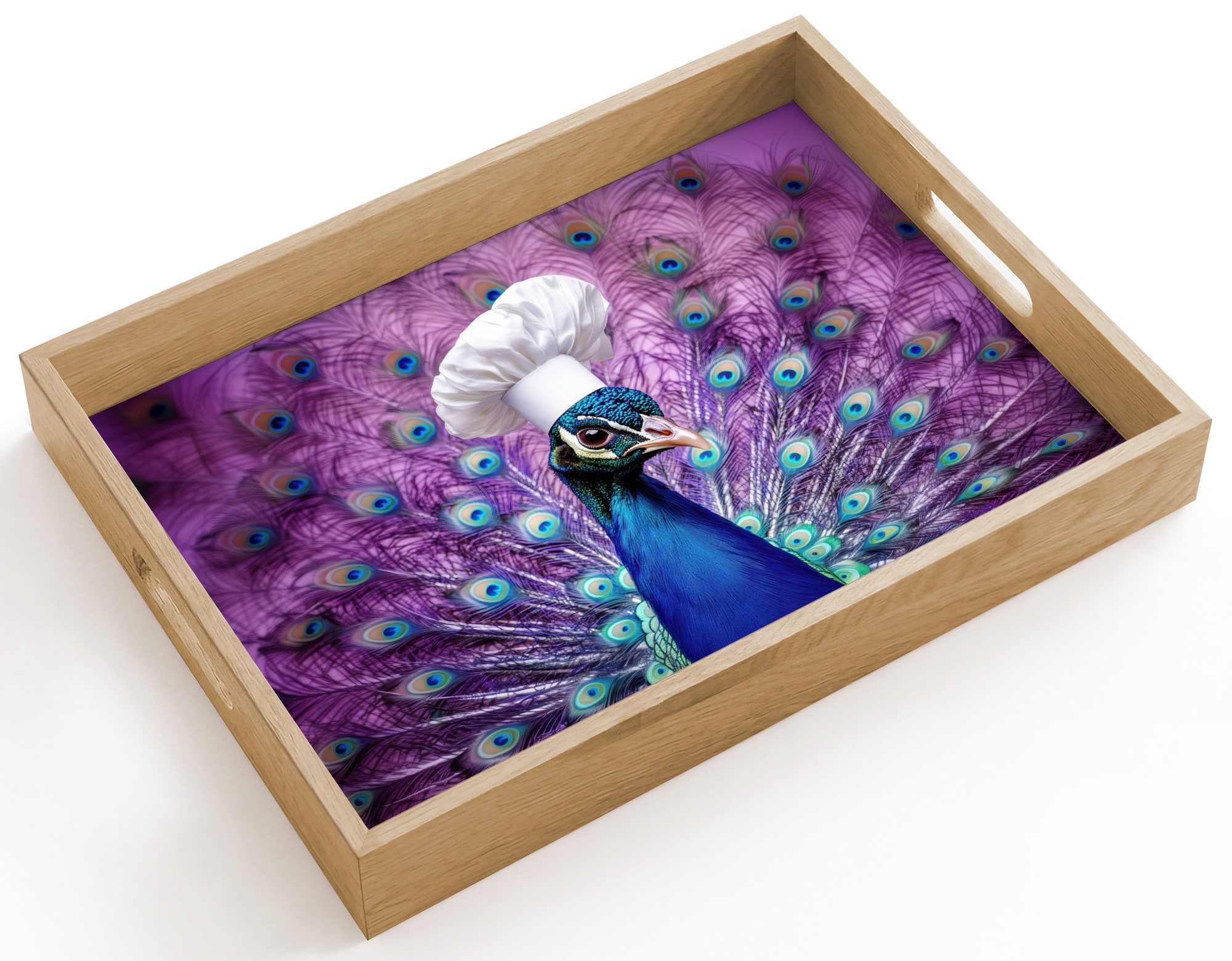 OnlyWow Tablett Rechteckig mit Henkel Pfau - Kochmütze - Cool - Lila, Eichenholz, (1-tlg), Siervierplatte, Tray, Frühstücksbrett