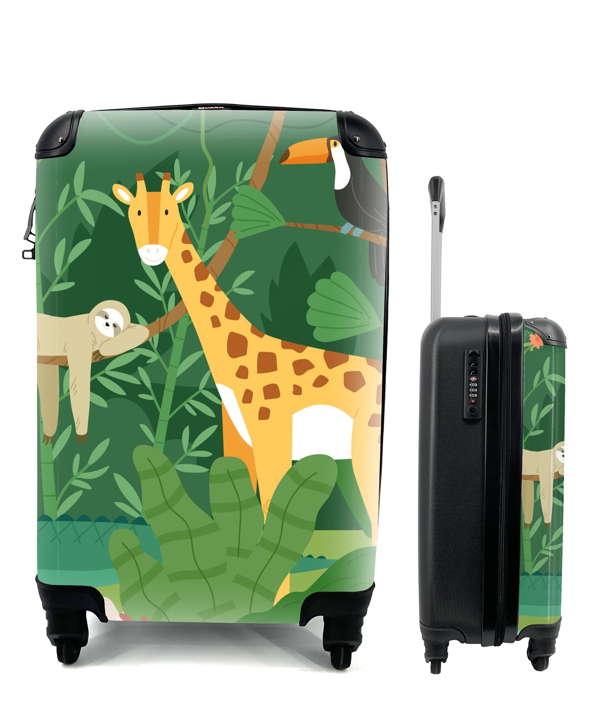 4 Reisekoffer - Rollen, Reisetasche für mit - Handgepäckkoffer Trolley, MuchoWow Dschungel Handgepäck Faultier, - Tukan rollen, Giraffe Ferien,