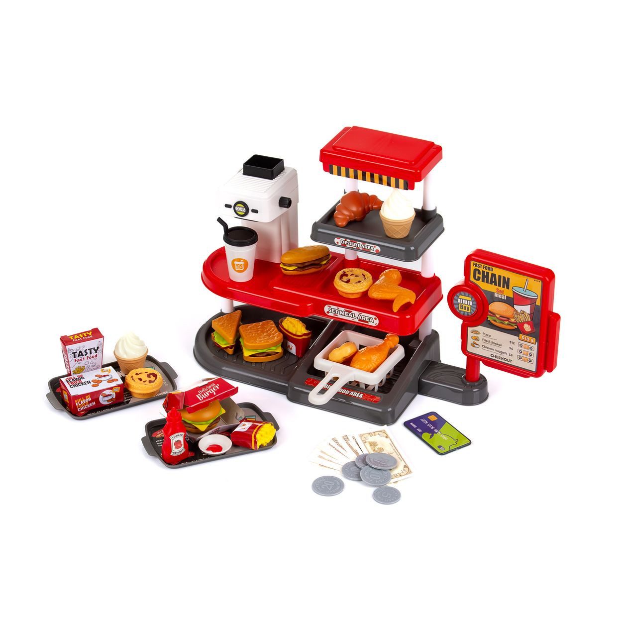 Chipolino Spiellebensmittel Spielzeug Schnellrestaurant, 71-teilig Burger Pommes Kaffeemaschine