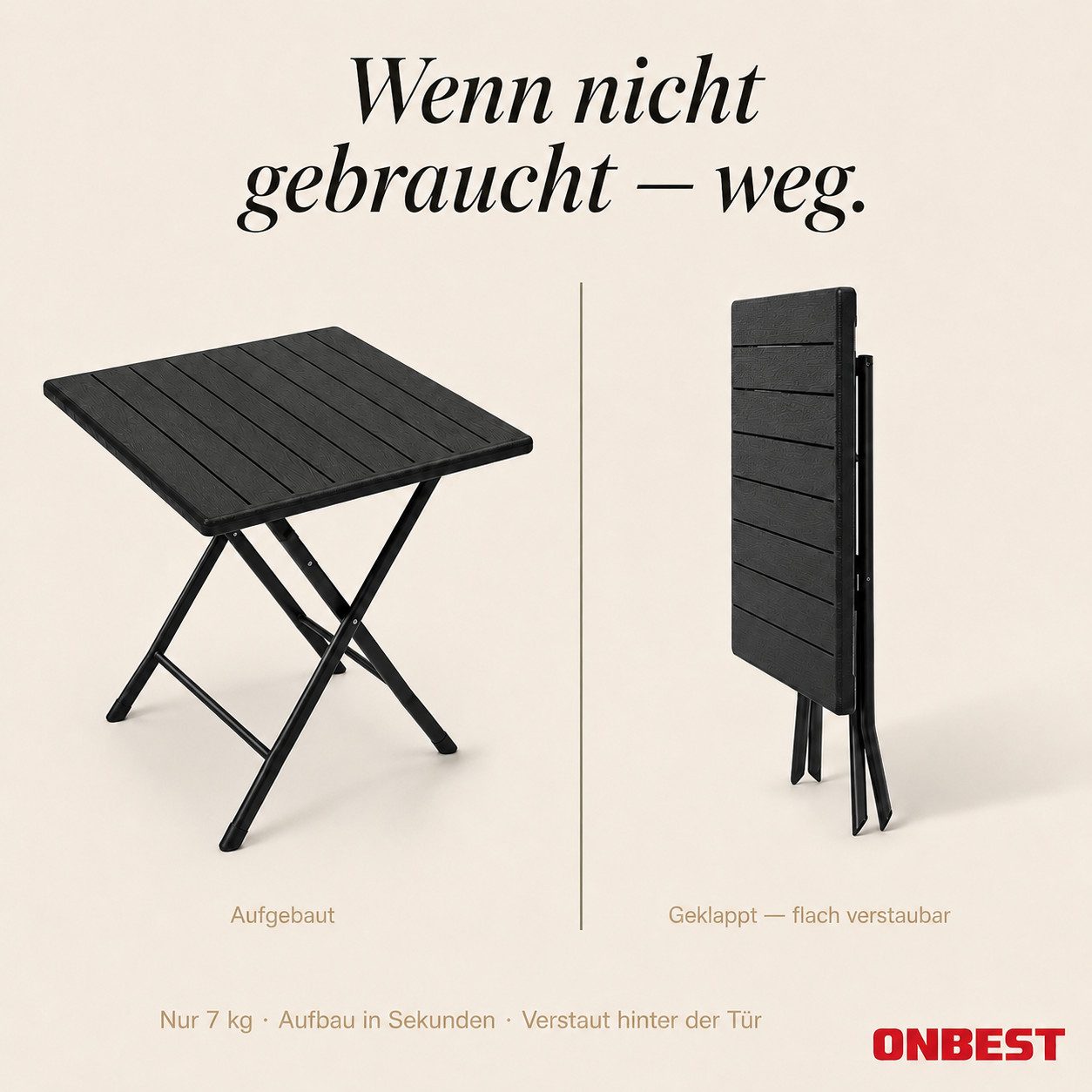 Onbest Klapptisch Balkontisch mit Holzoptik klappbar, 61x74x56cm (B x H x T), Stahlgestell, bis 80 kg – Bild 5 von 5