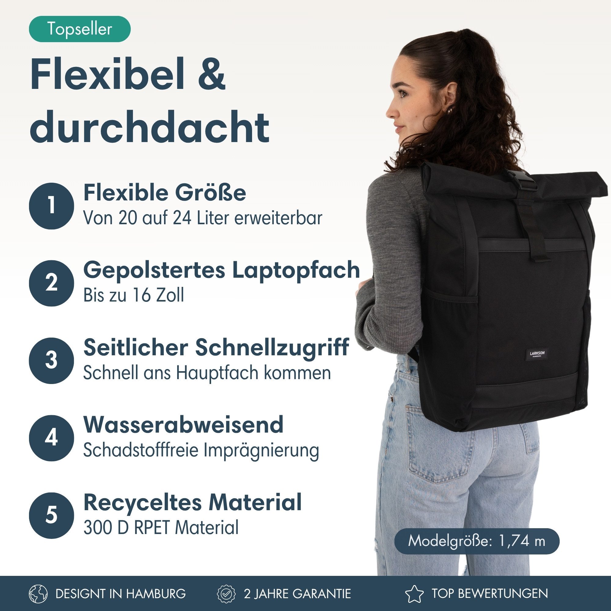 LARKSON Cityrucksack No 2, Rolltop Damen Herren, Laptop Fach (1-tlg), Wasserabweisend