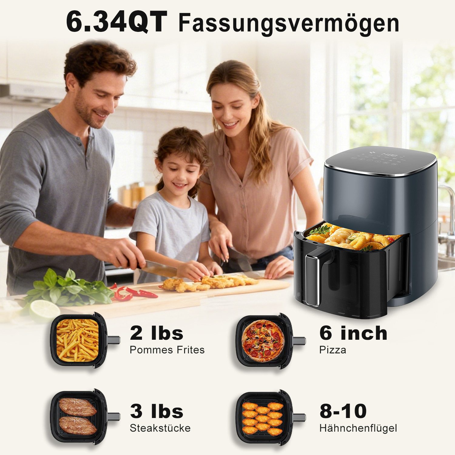 DUMOS Heißluftfritteuse, 6,34 QT – XXL Air Fryer mit Digitaldisplay, 8 Kochprogramme