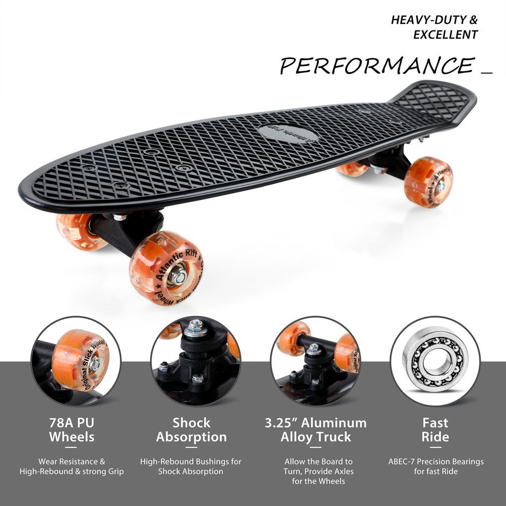 monzana Skateboard mit LED-Rollen, Monzana Skateboard 22 Zoll ABEC 7 Retro Pennyboard 100kg belastbar