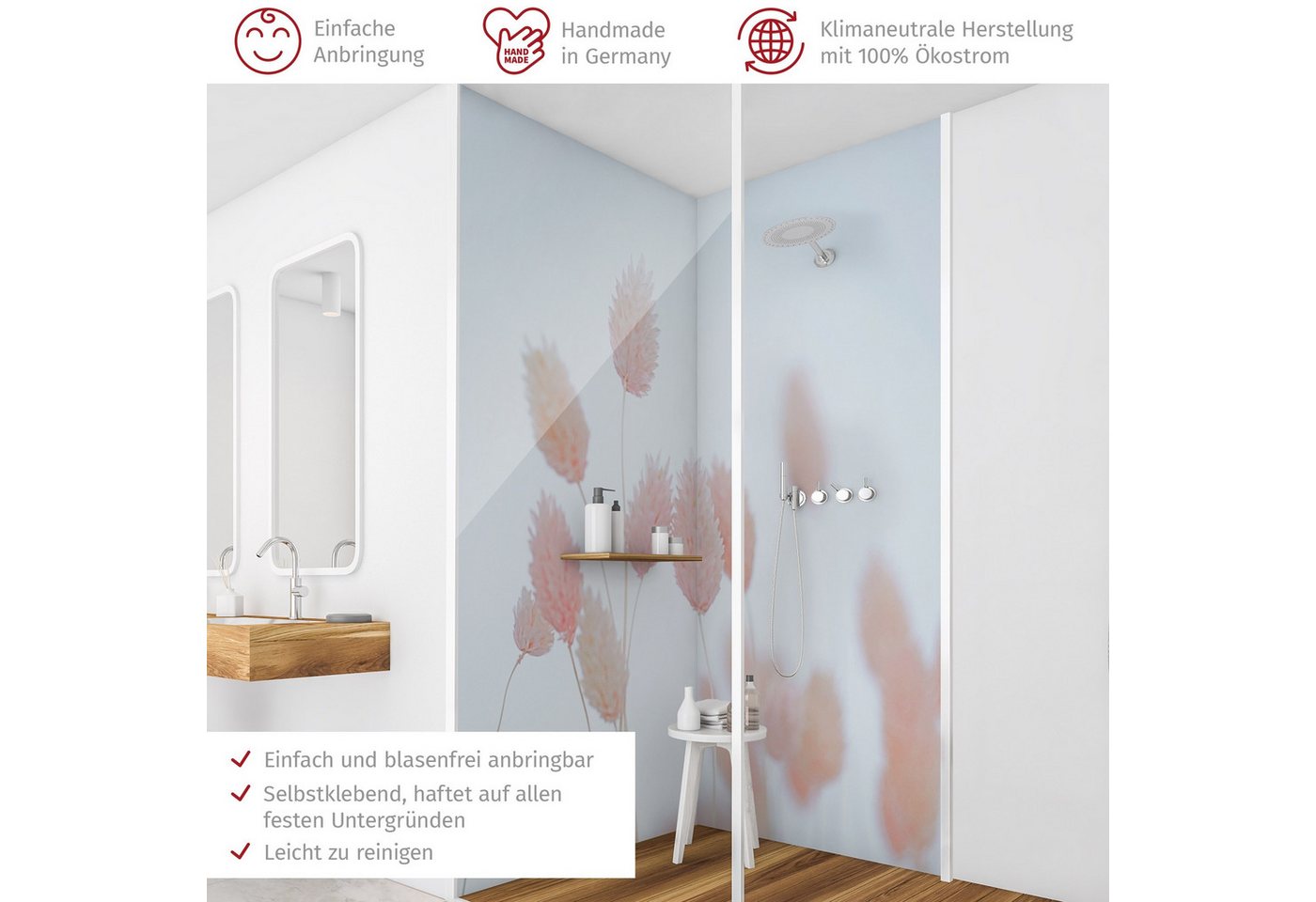 Thumbnail - Bilderdepot24 Badrückwand Landhaus beige Duschrückwand ohne Bohren Dusche Floral, (2-tlg., Hart-Folie Premium matt 0,61 ...