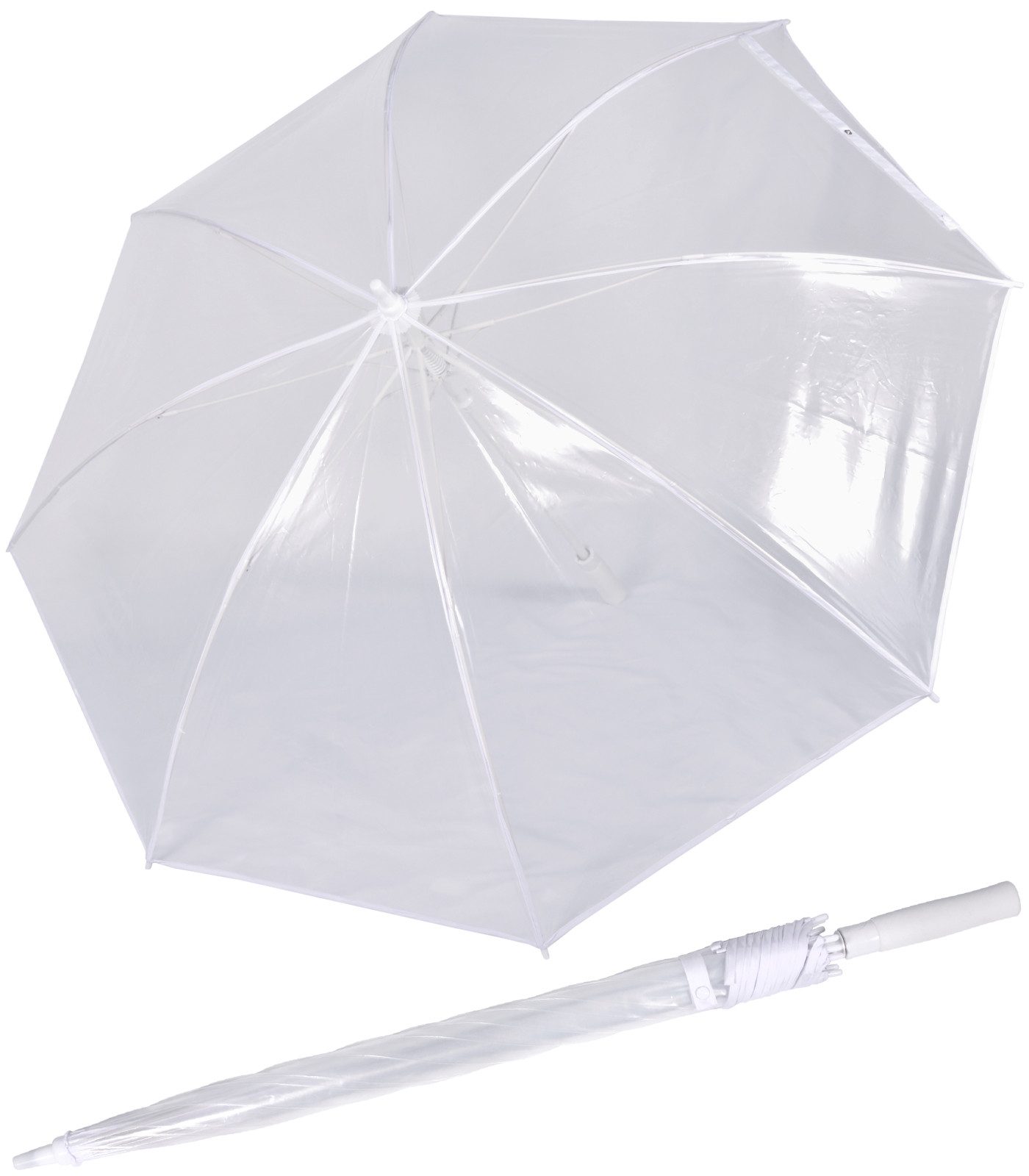 iX-brella Stockregenschirm XXL 135 cm Durchmesser Brautschirm transparent, komplett weißes Gestell mit transparentem Dach