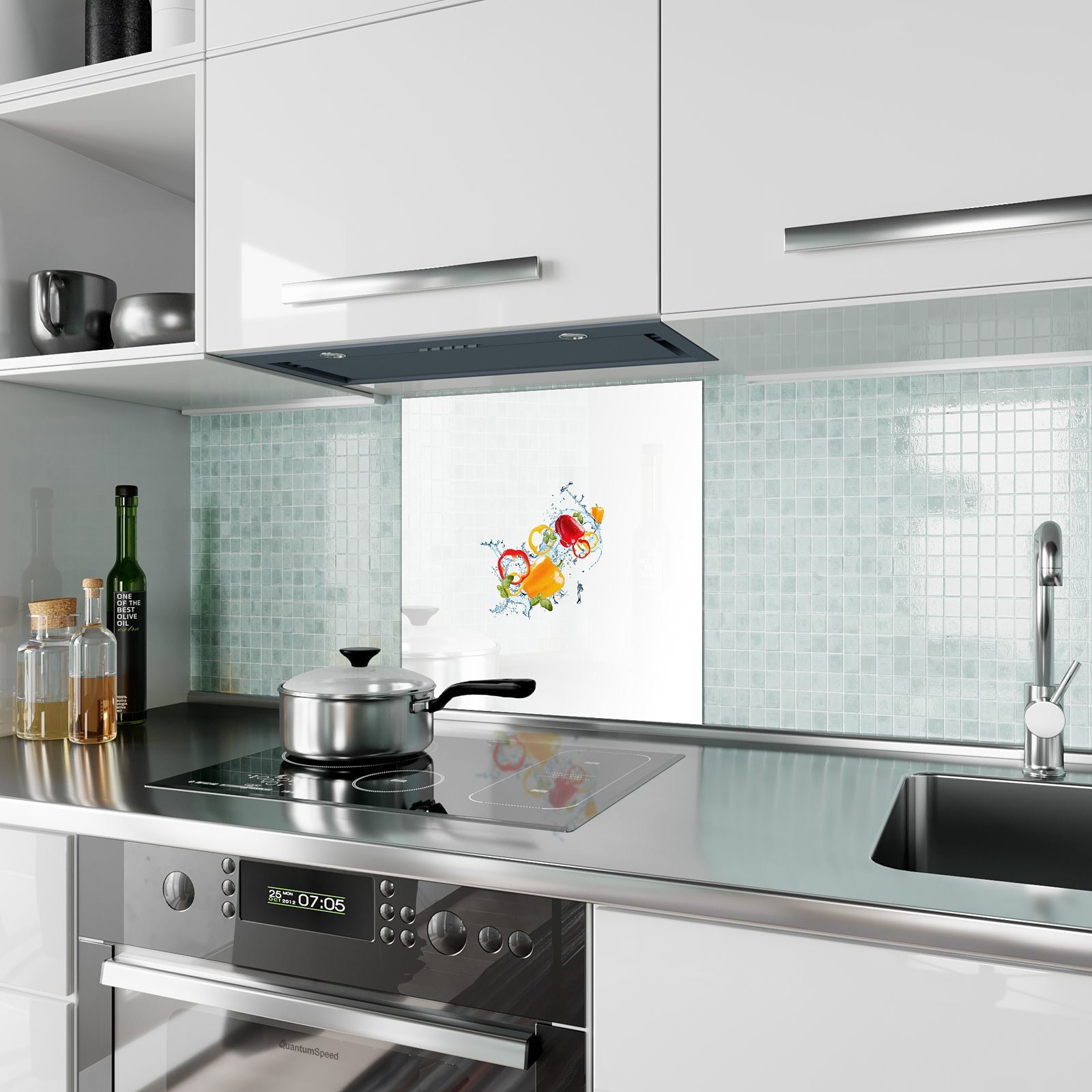 Motiv Wasserwelle mit Spritzschutz Glas Paprika Küchenrückwand in Primedeco Küchenrückwand