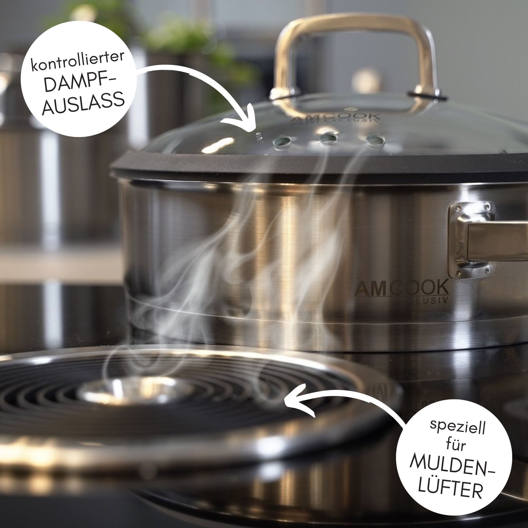 MÖBEL SCHOTT Topf-Set Topfset 8-teilig, Edelstahl (8-teilig, 3 Töpfe, 1 Servierpfanne, 4 Deckel), speziell für Muldenlüfter & Kochfeldabsaugung