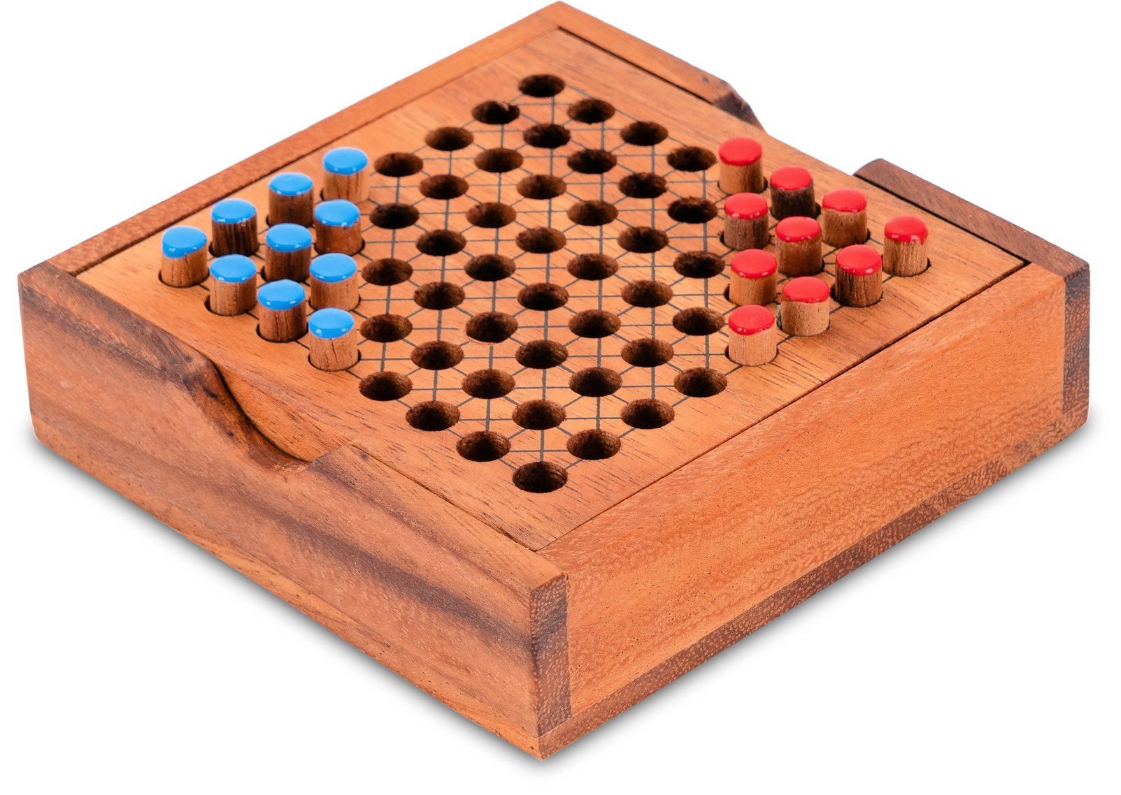 LOGOPLAY Spiel Halma für 2 Rot Blau, Gesellschaftsspiel, Halma Reisespiel klassisches Strategiespiel im Mini-Holzkasten für 2