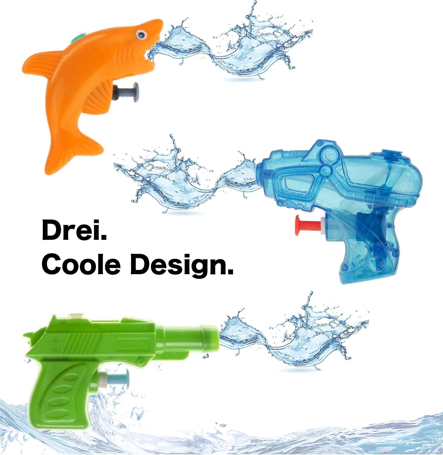 Kinderfreund® Wasserpistole 3 Wasserpistole Mix Wasserspritzpistolen Spritzpistolen (Set, 3-tlg., 3x Miniwassepistole), 3 verschiedene Designs