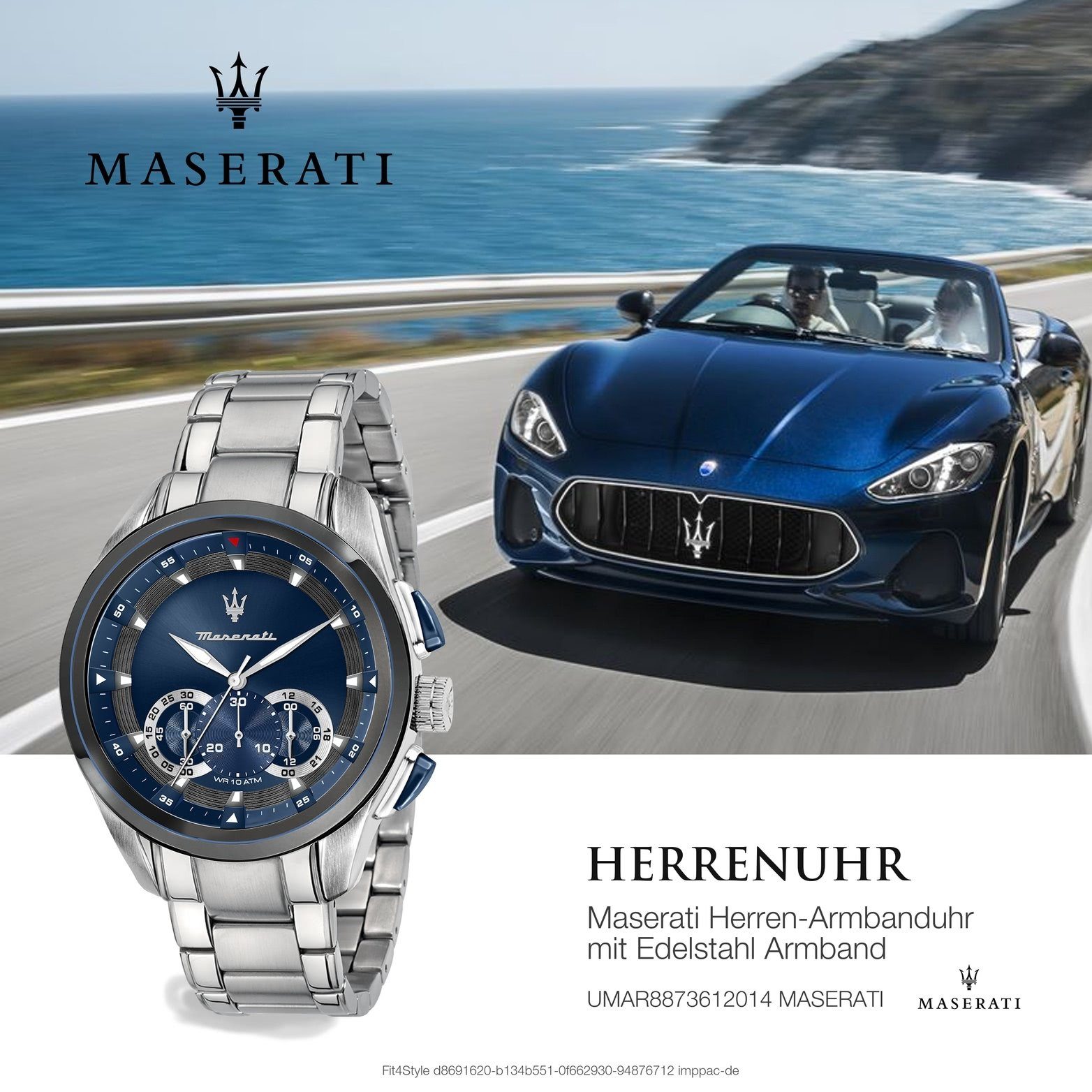 groß Maserati (ca. Chronograph, MASERATI Herrenuhr Chronograph blau Edelstahlarmband, Gehäuse, Edelstahluhr 55x45mm) rundes