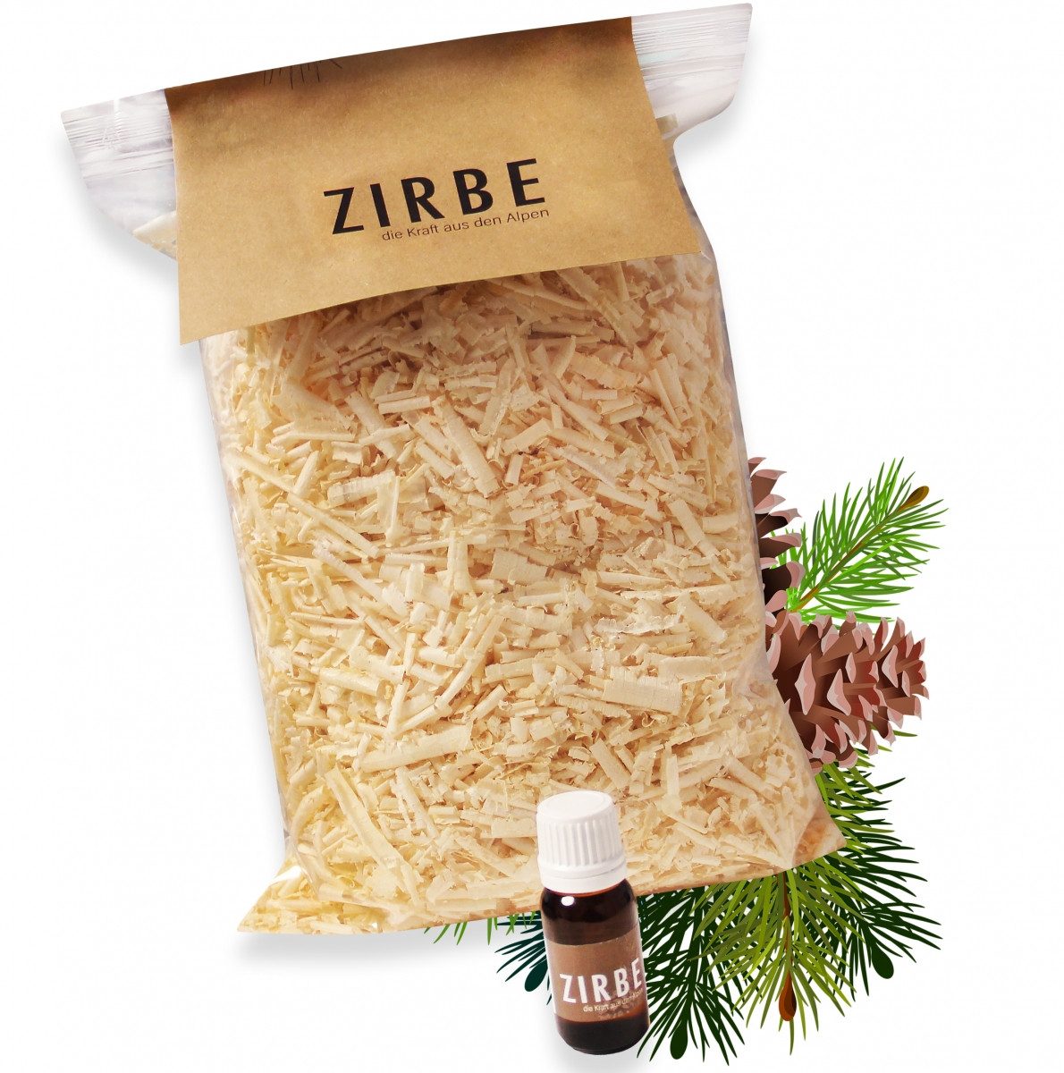 Heubergshop Zirbenkissen, Nachfüllpack 125g + 10ml Zirbenöl - Set Zirbenspäne