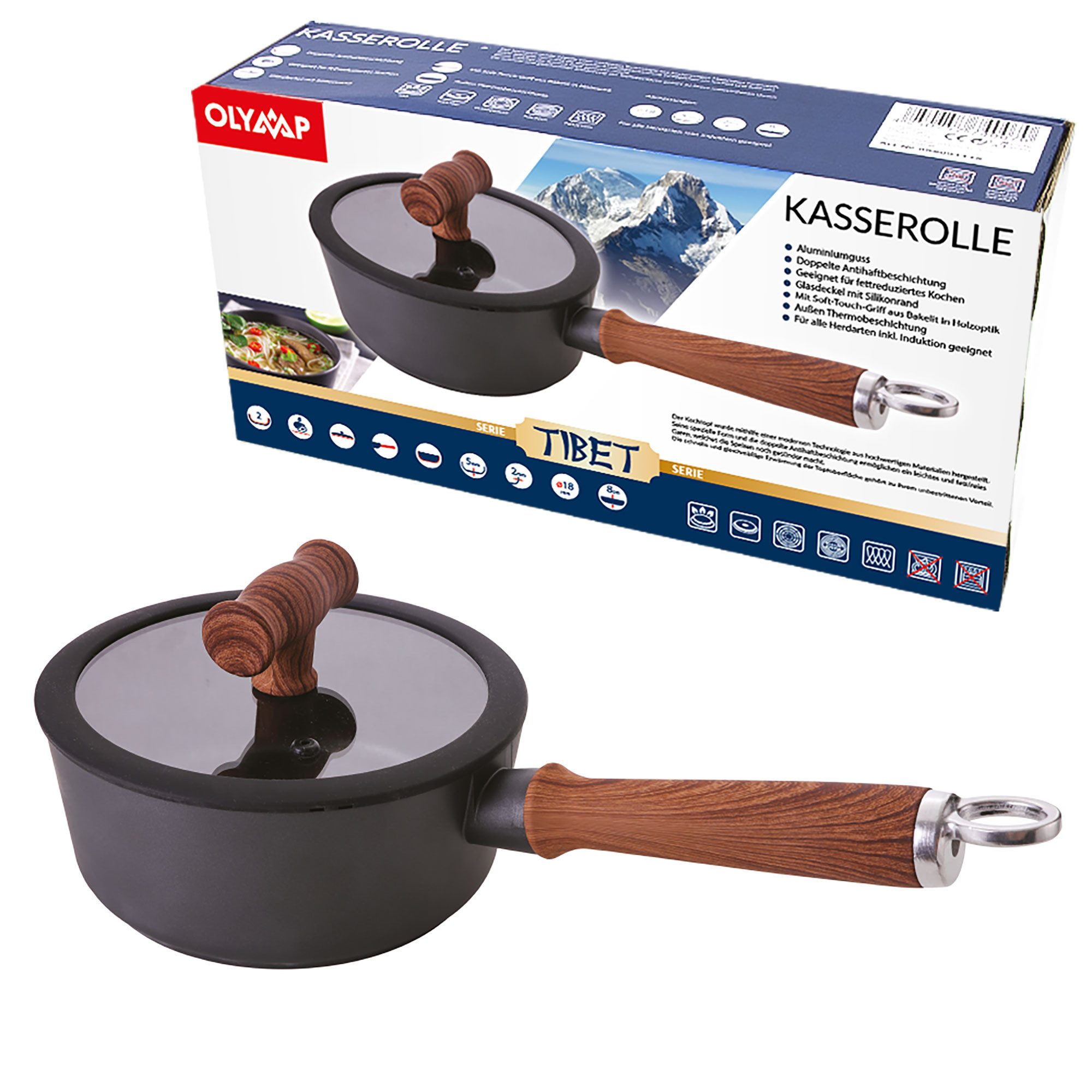 KVOTA Kasserolle mit Deckel und Stiel, ⌀18 cm, 1,8L,Schwarz, Induktion, Antihaft, Aluminium (2-tlg), äußere Thermobeschichtung, doppelte Antihaftbeschichtung