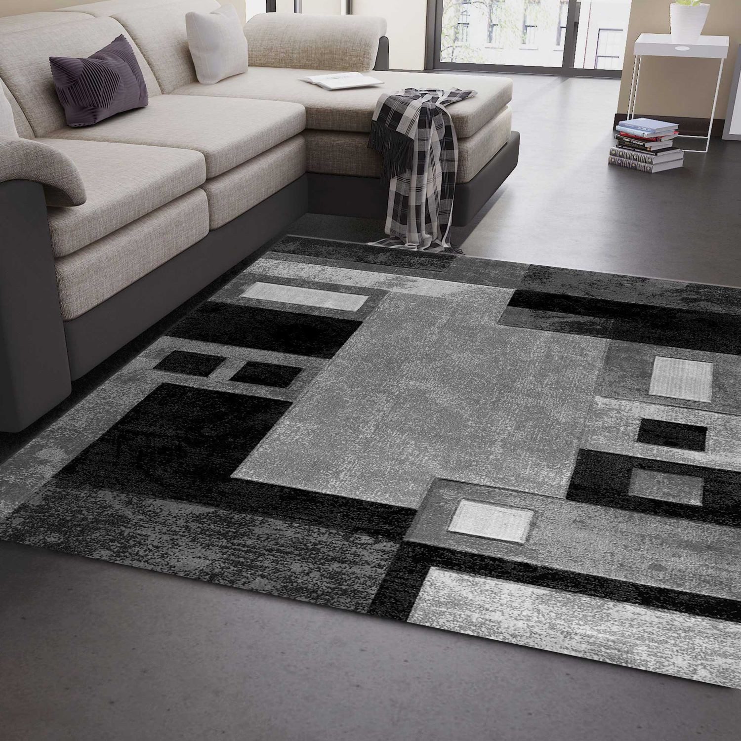 Vimoda Designteppich Wohnzimmer Grau Kariert mit Farbverlauf und Konturensc günstig online kaufen