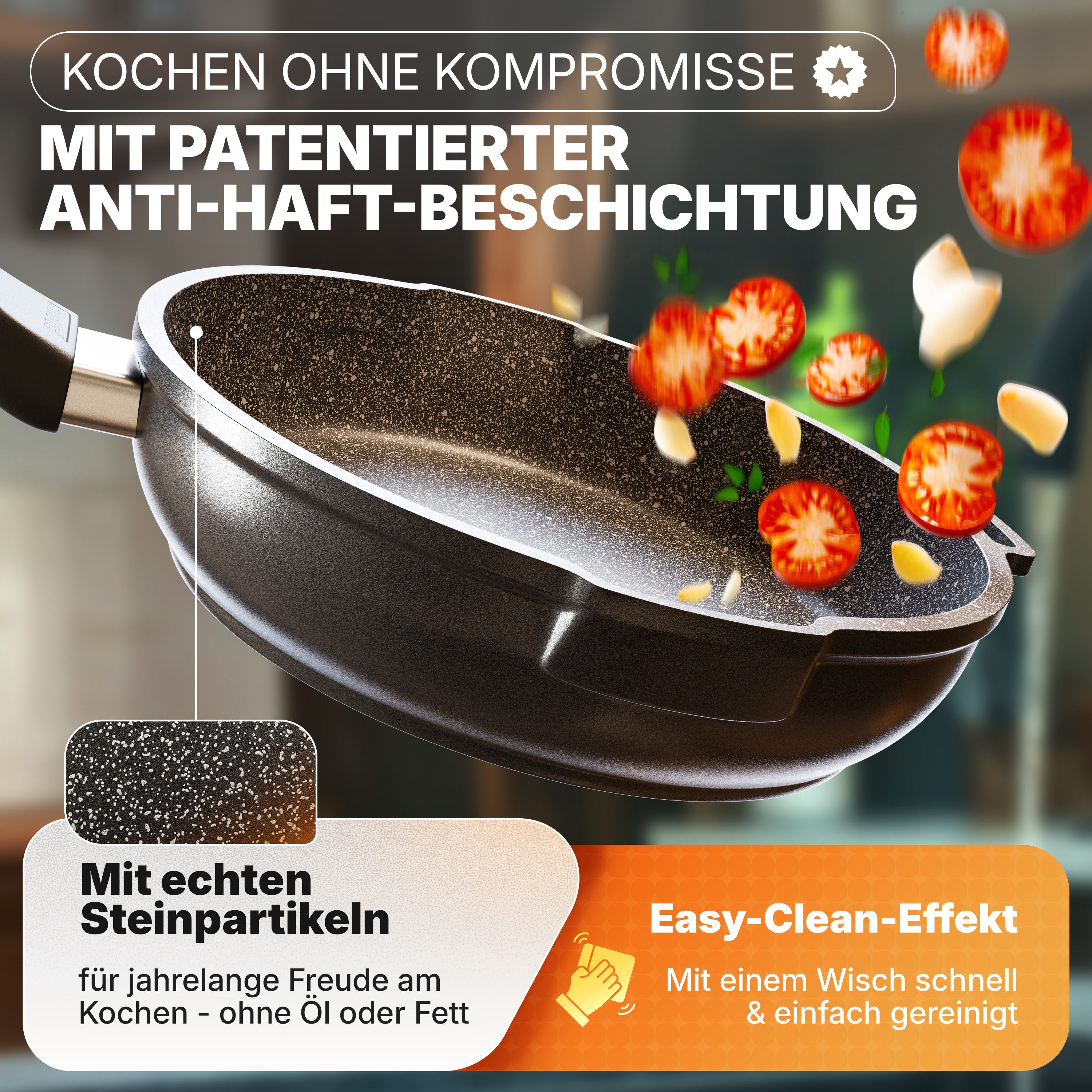 STONELINE Topf-Set Kochgeschirr-Set, mit Siebglasdeckeln, induktionsgeeignet (8tlg, grau), Aluminiumguss (8-tlg), mit echten Steinpartikeln, induktionsgeeignet, Designed in Germany