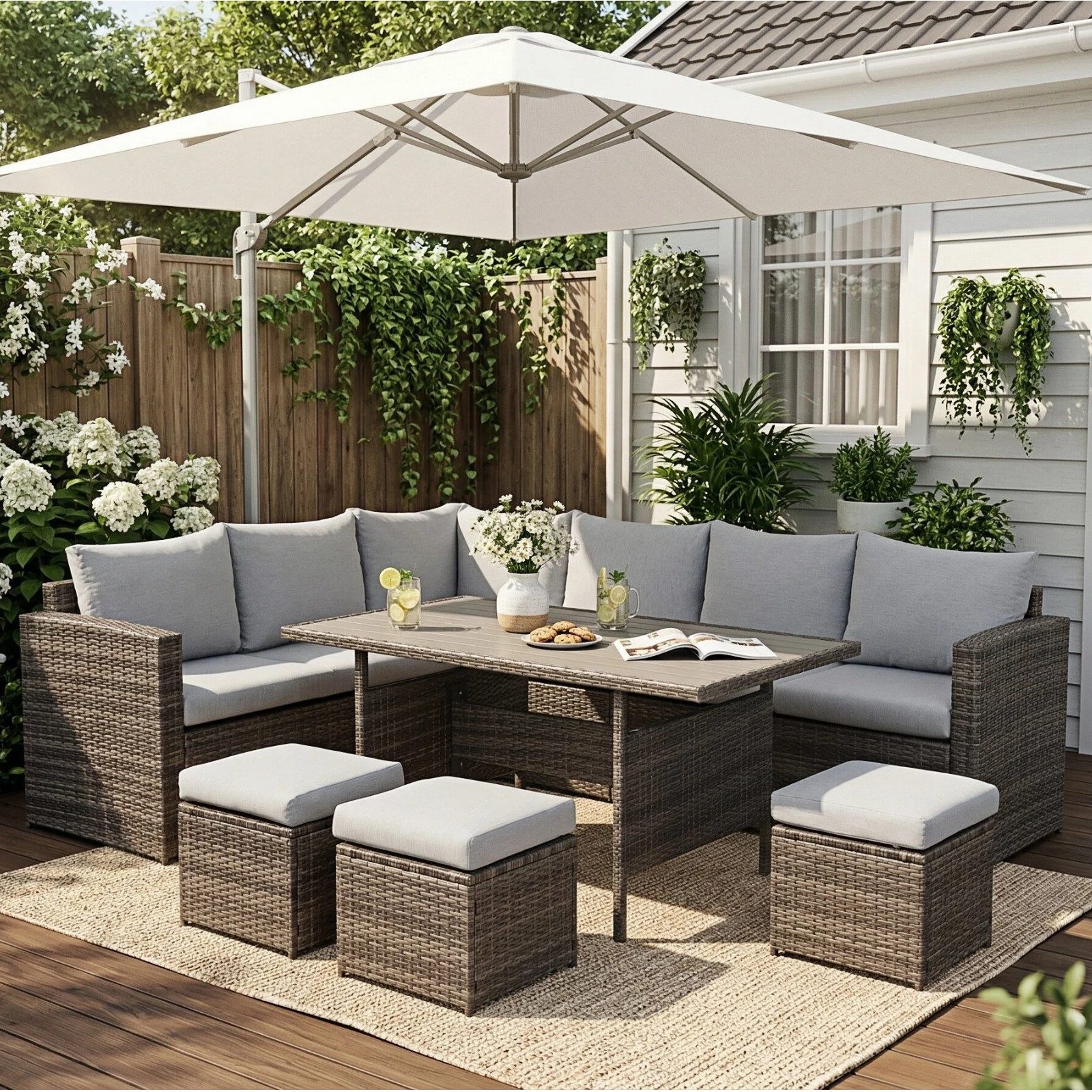 MeXo Gartenlounge-Set Polyrattan Gartenmöbel Set 8 Personen mit Esstisch, (Belastbarkeit pro Sitzplatz bis zu 140kg, 7-tlg., 3x Hocker, 2x 2er Sofa, 1xEcksofa, Tisch 132x76x67cm, Inkl. Auflagen), wetterfestes Loungemöbel Set für Terrasse und Garten
