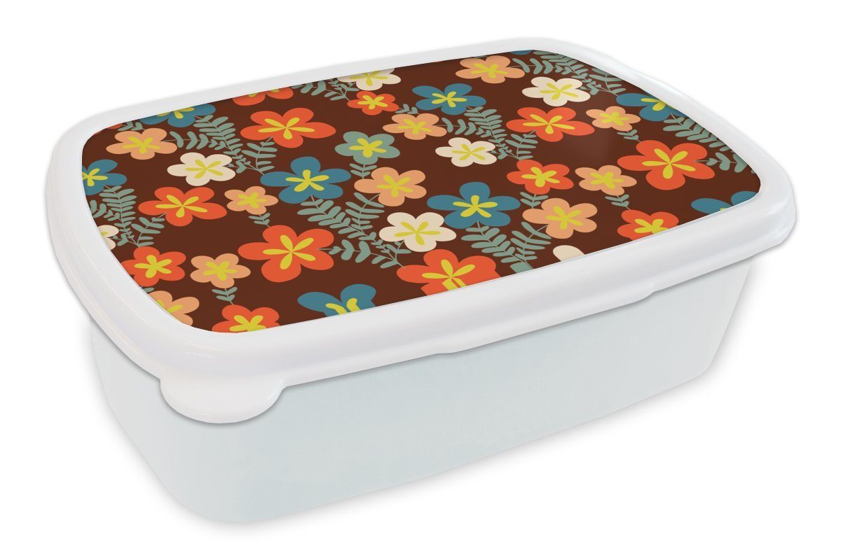 MuchoWow Lunchbox Retro - Muster - Blumen - 1970er Jahre, Kunststoff, (2-tlg), Brotbox für Kinder und Erwachsene, Brotdose, für Jungs und Mädchen weiß