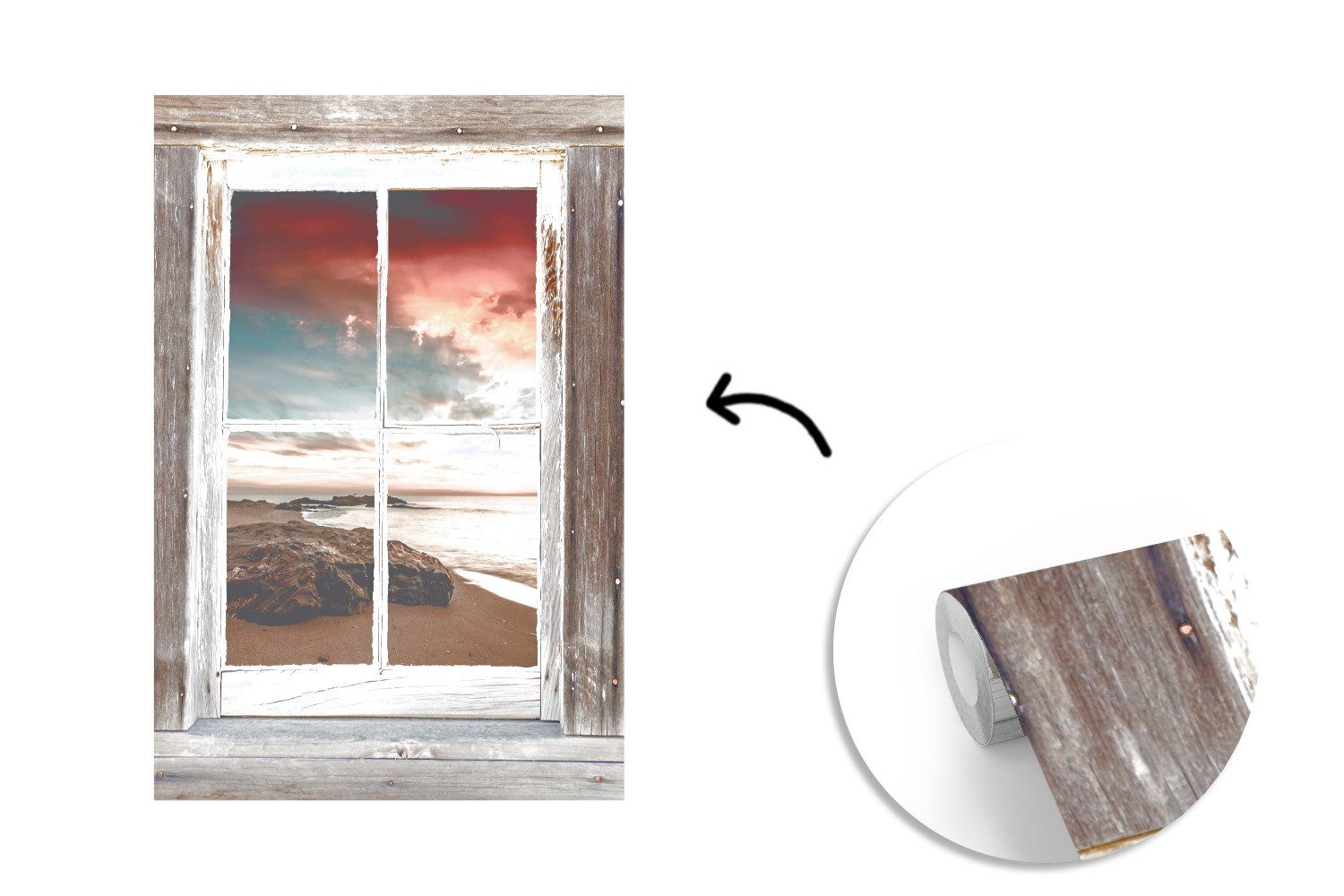Strand, für Fototapete Durchblick MuchoWow - St), Tapete Wohnzimmer, - Wandtapete Vinyl bedruckt, Holz Montagefertig Matt, (3