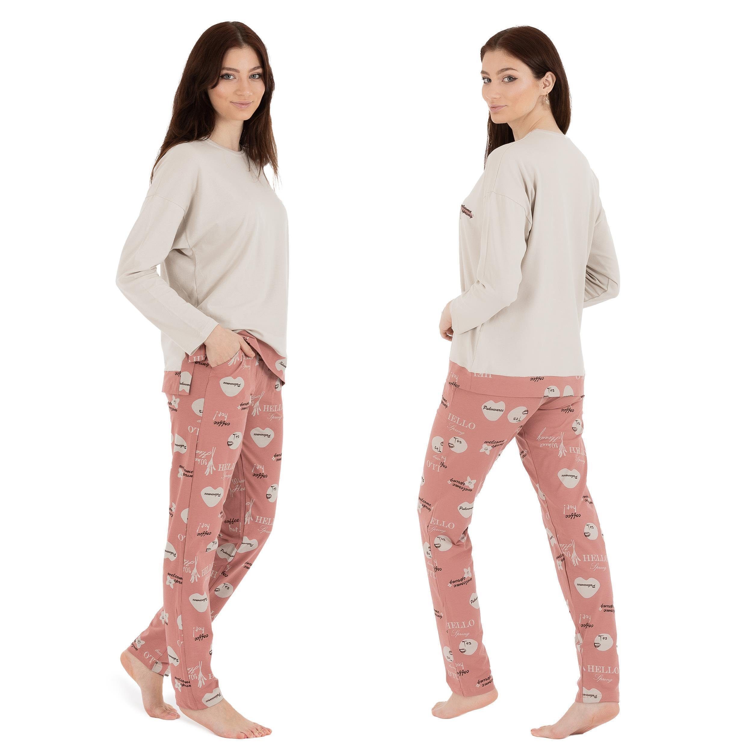 LOREZA Schlafanzug Damen Pyjama Set zweiteiliger Schlafanzug Hausanzug Nachtwäsche langar (Set, 2 tlg) Variante 2