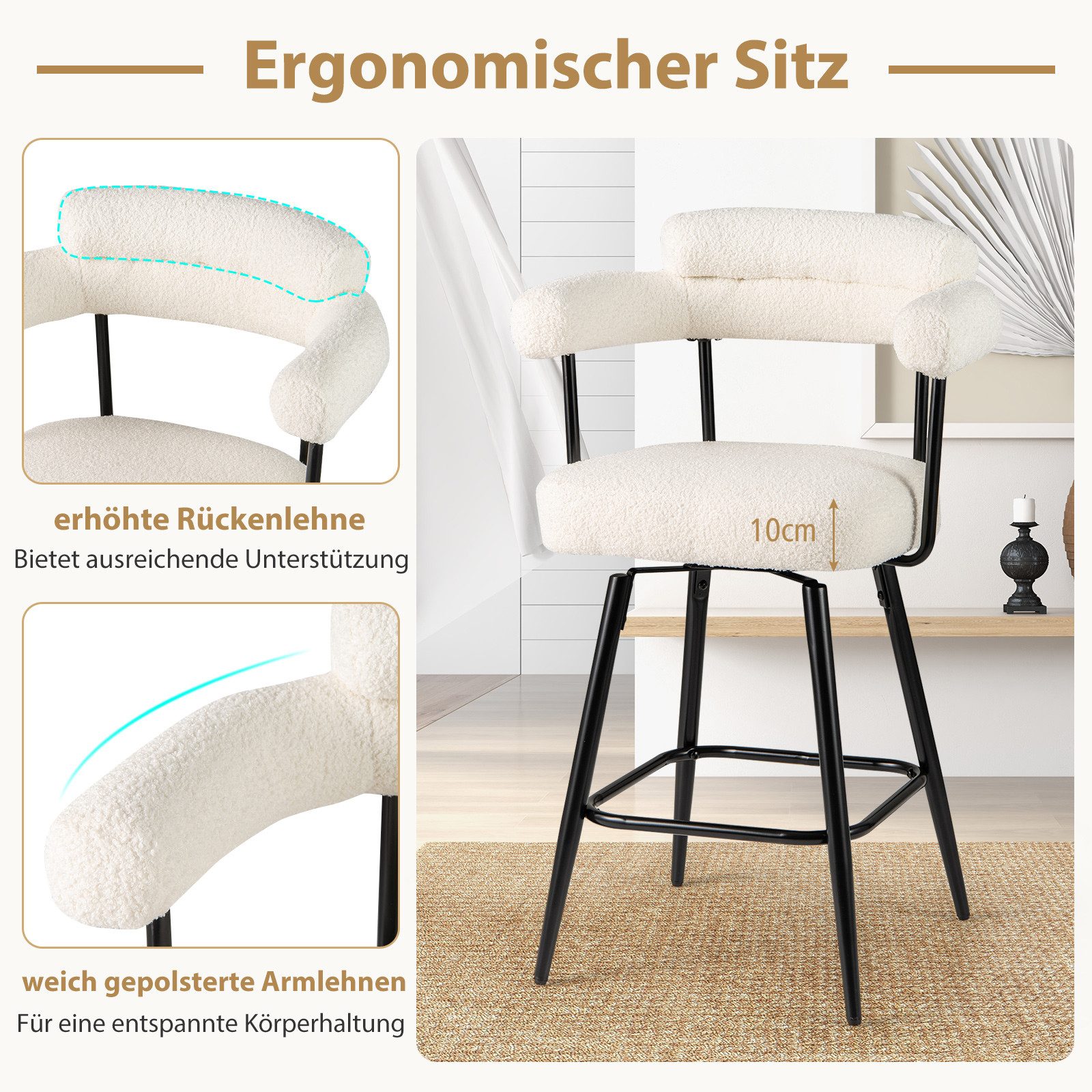 COSTWAY Barhocker (2er Set), gepolstert Barstühle mit Rücken & Fußstütze, drehbar