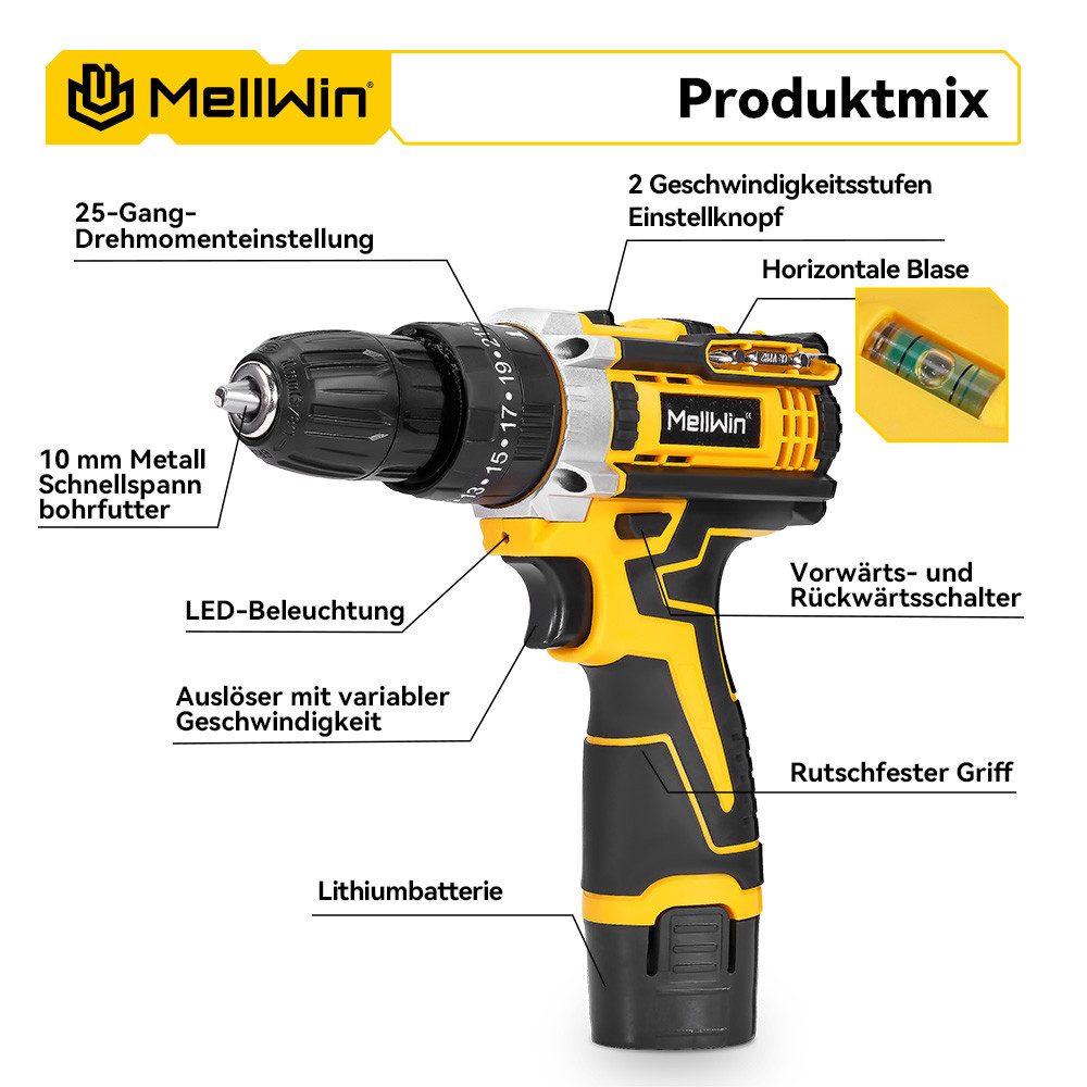 MELLWIN Akku-Bohrschrauber Set 38Nm mit Akkus, 25+3 Drehmomentstufen, max. 1400 U/min, 10mm Bohrfutter, Für Reparatur & DIY