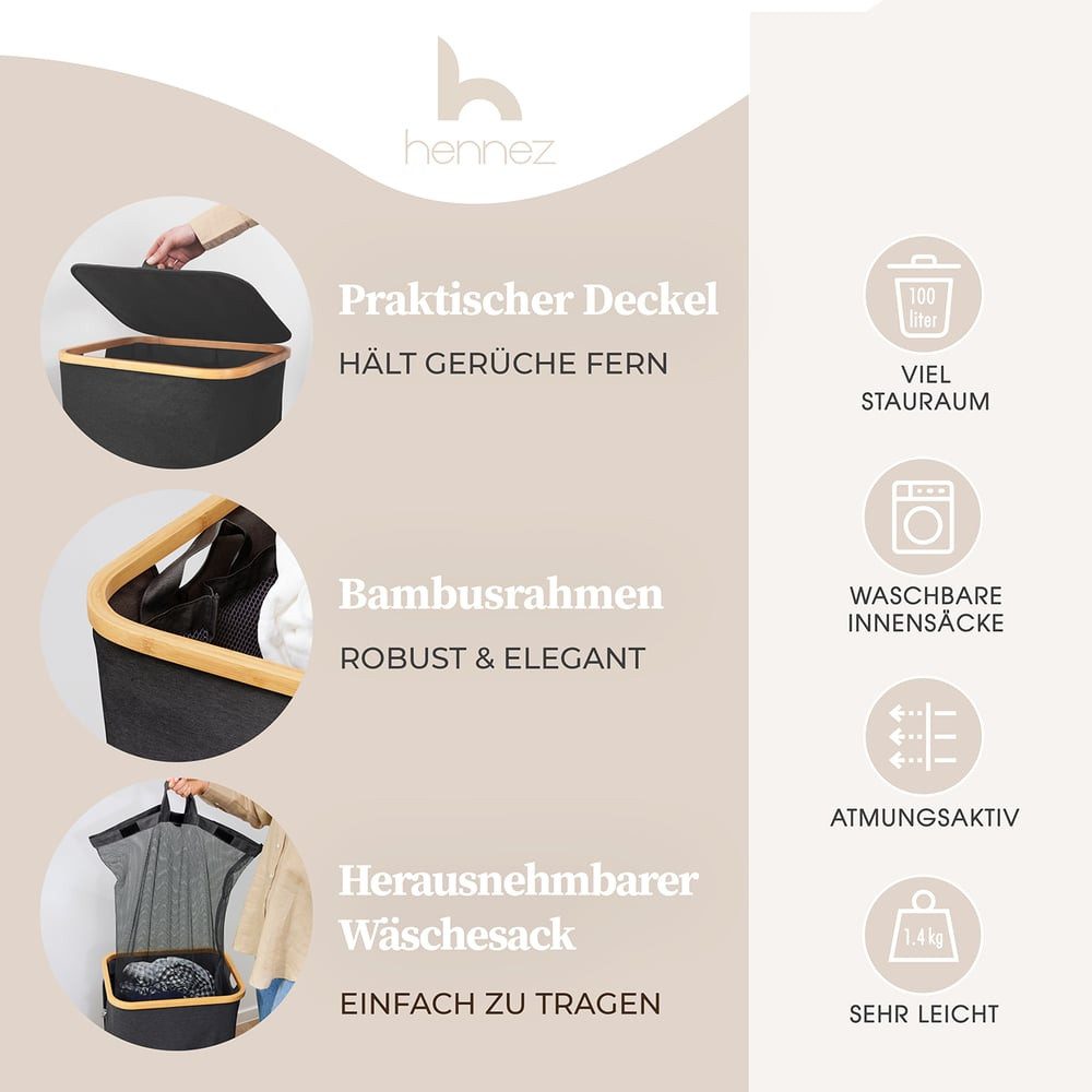 HENNEZ Wäschekorb mit Griff aus Bambus, günstig online kaufen