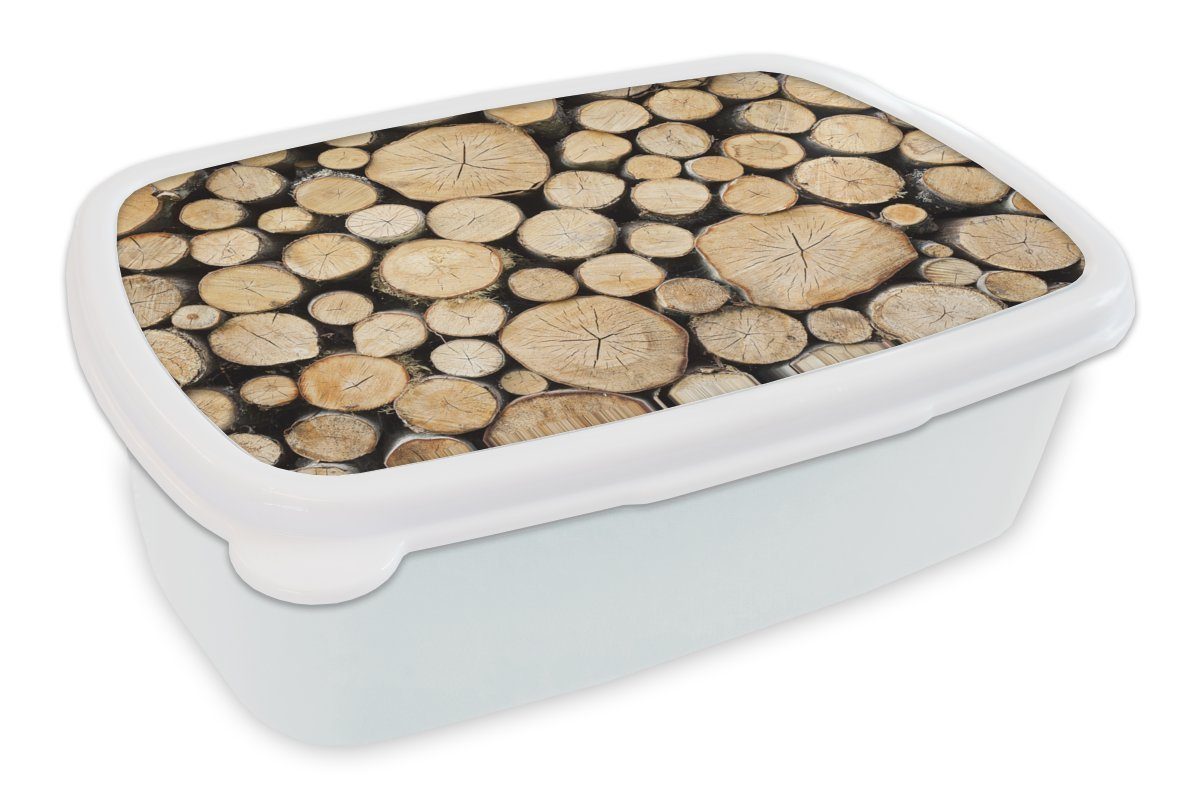 MuchoWow Lunchbox Brennholz auf einem Haufen, Kunststoff, (2-tlg), Brotbox für Kinder und Erwachsene, Brotdose, für Jungs und Mädchen weiß