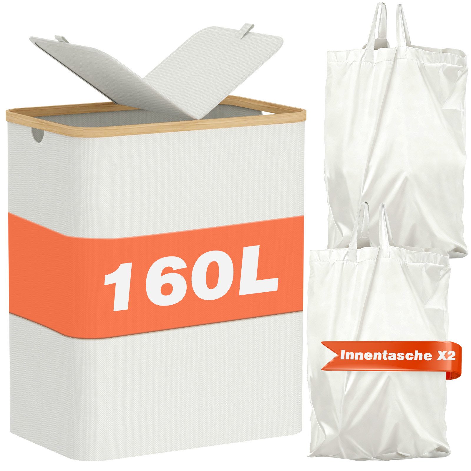 skelo Wäschekorb 160L Wäschekorb mit zweiteiligem Deckel, Abnehmbare Wäschesack (1 St., Innentaschen + Wäschekorb), 2 fächer, Wäschesammler mit Deckel und Griff, 57 x 37 x 75 cm