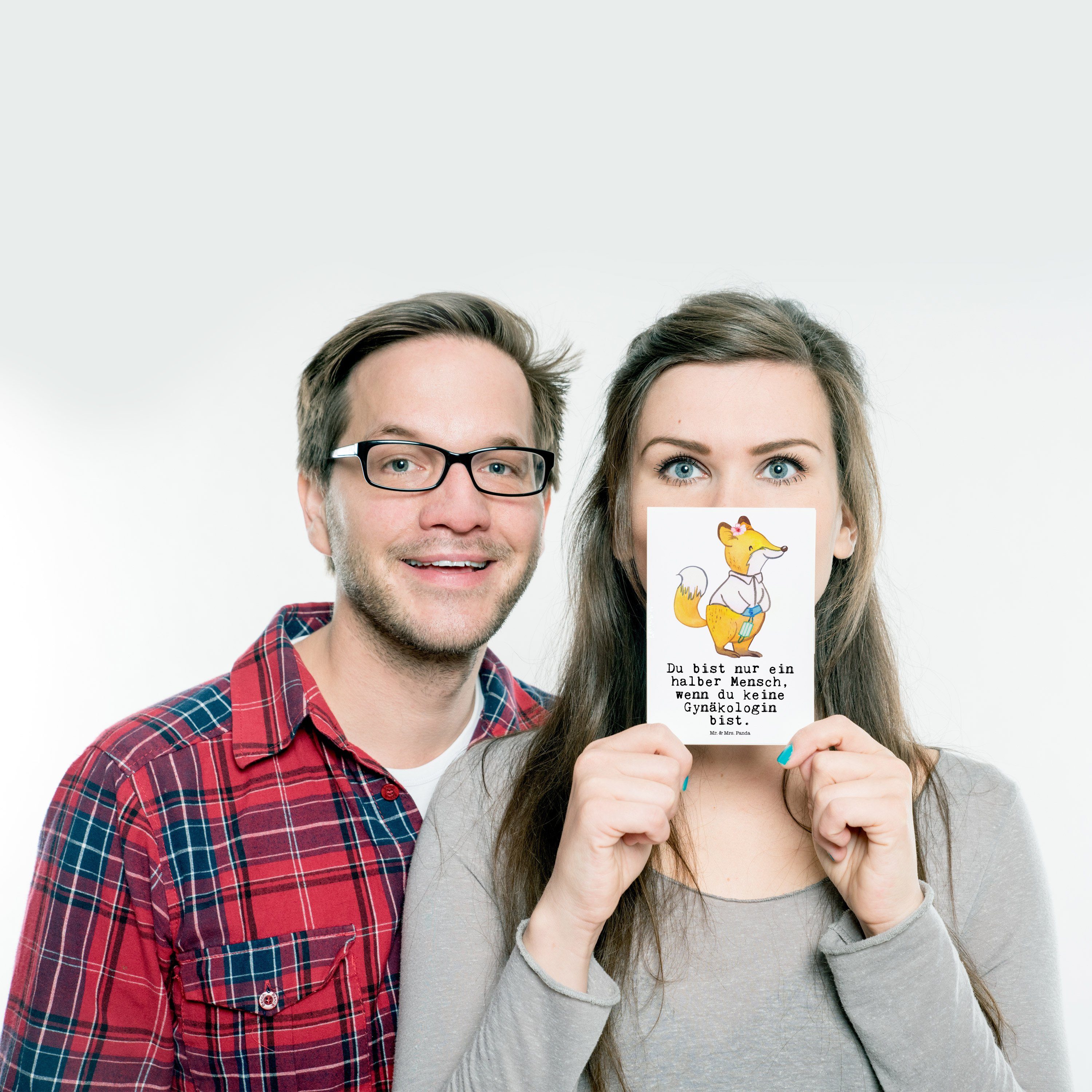 Mr. & Mrs. Panda Postkarte Weiß - Gynäkologin Herz - Frauenarztpraxis, Ausbildung Geschenk, mit