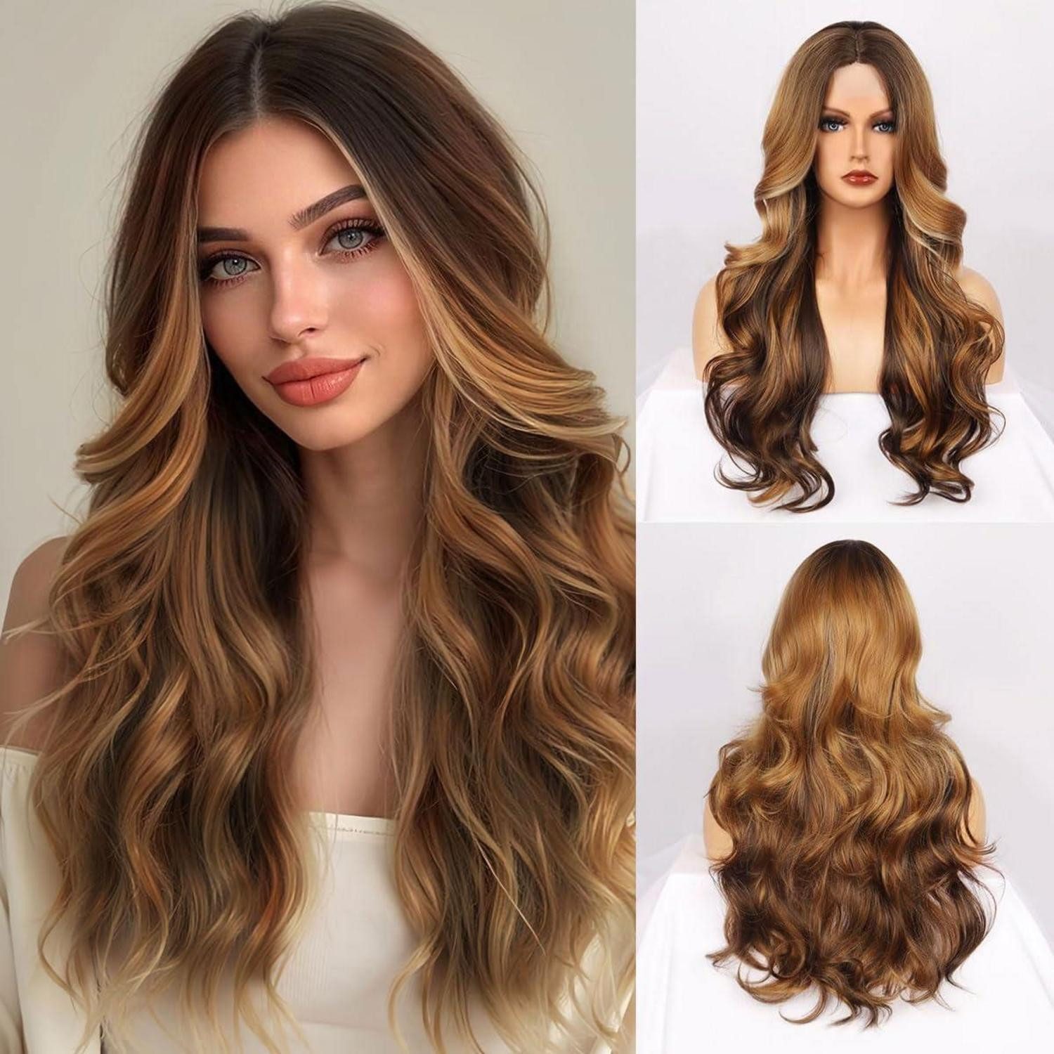 LuxusKollektion Kunsthaarperücke Perücke lang lockig hitzebeständig Faser Damen braun Brown with gold