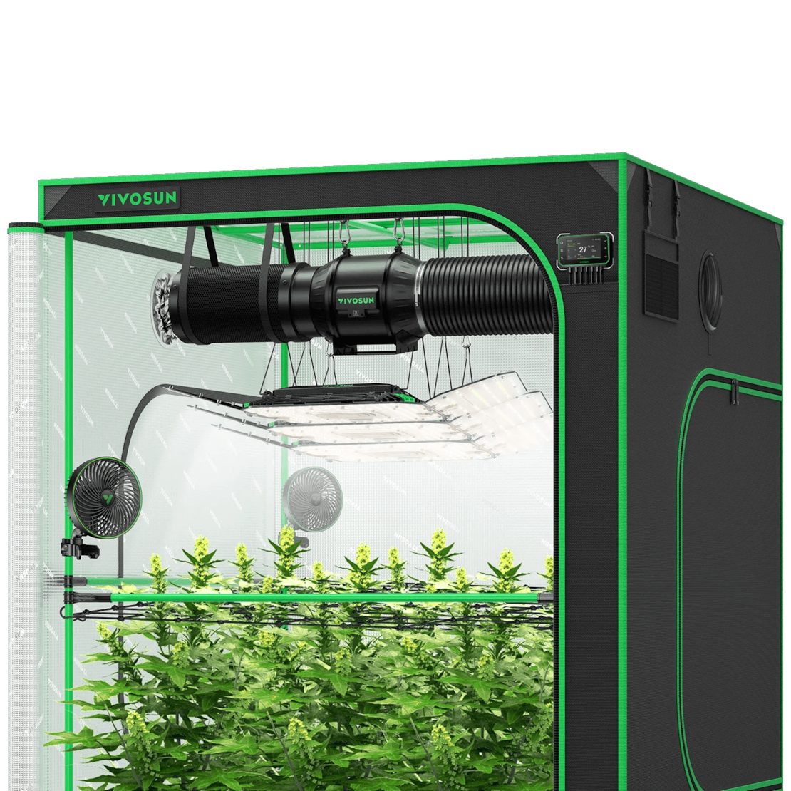 VIVOSUN Gewächshaus VIVOSUN Growbox Komplettset PRO, BxTxH: 150 x 150 x 200 cm, Komplettset inkl. Beleuchtung, Belüftung und WiFi Steuerung, 3x AeroLight Wing 200W LED, T6 Abluftsystem und E42A+ Controller