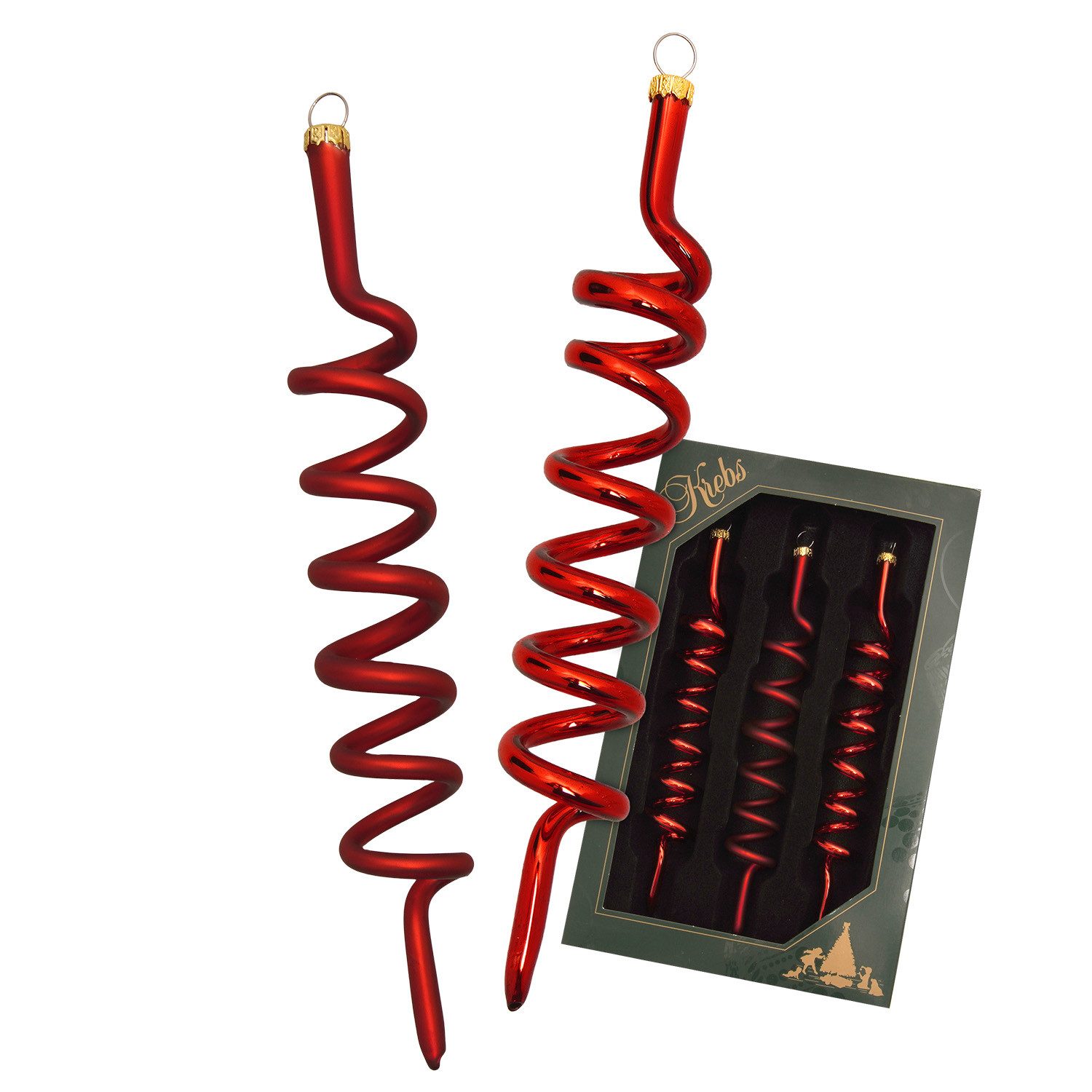 Krebs Glas Lauscha Christbaumschmuck Glasanhänger 3er Set - Korkenzieher in Rot - glänzend/matt - ca. 14 cm, Vereint Eleganz, Tradition und moderne Raffinesse - winterliche Deko