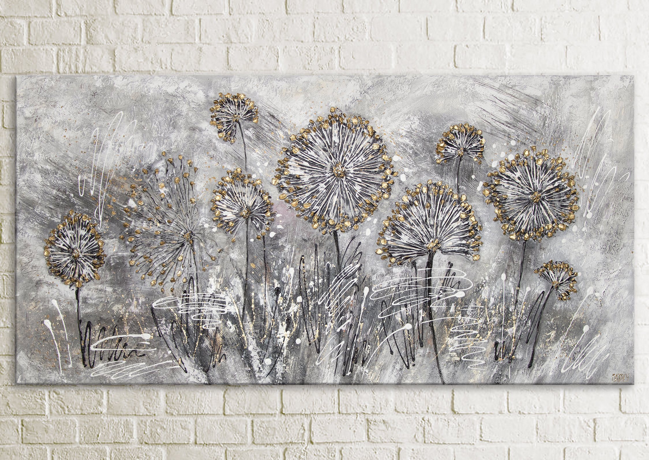 Gold Grau Gemälde Bild Frühlingsblumen, Löwenzahn Schwarz Blumen, Handgemalt Leinwand YS-Art Schattenfugenrahmen Blumen Ohne