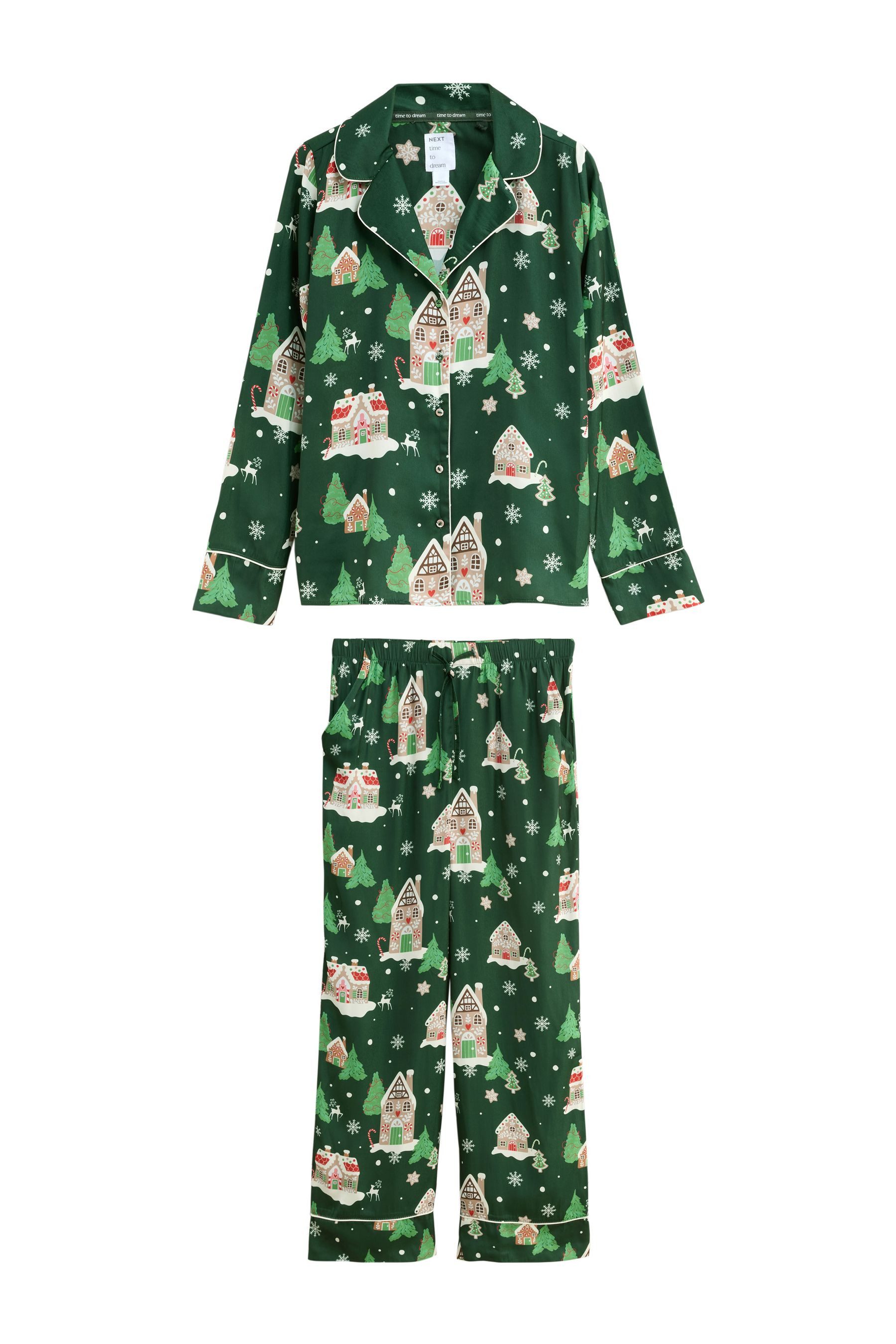 Next Pyjama Geknöpfter Satinschlafanzug, Weihnachtshaus (2 tlg)