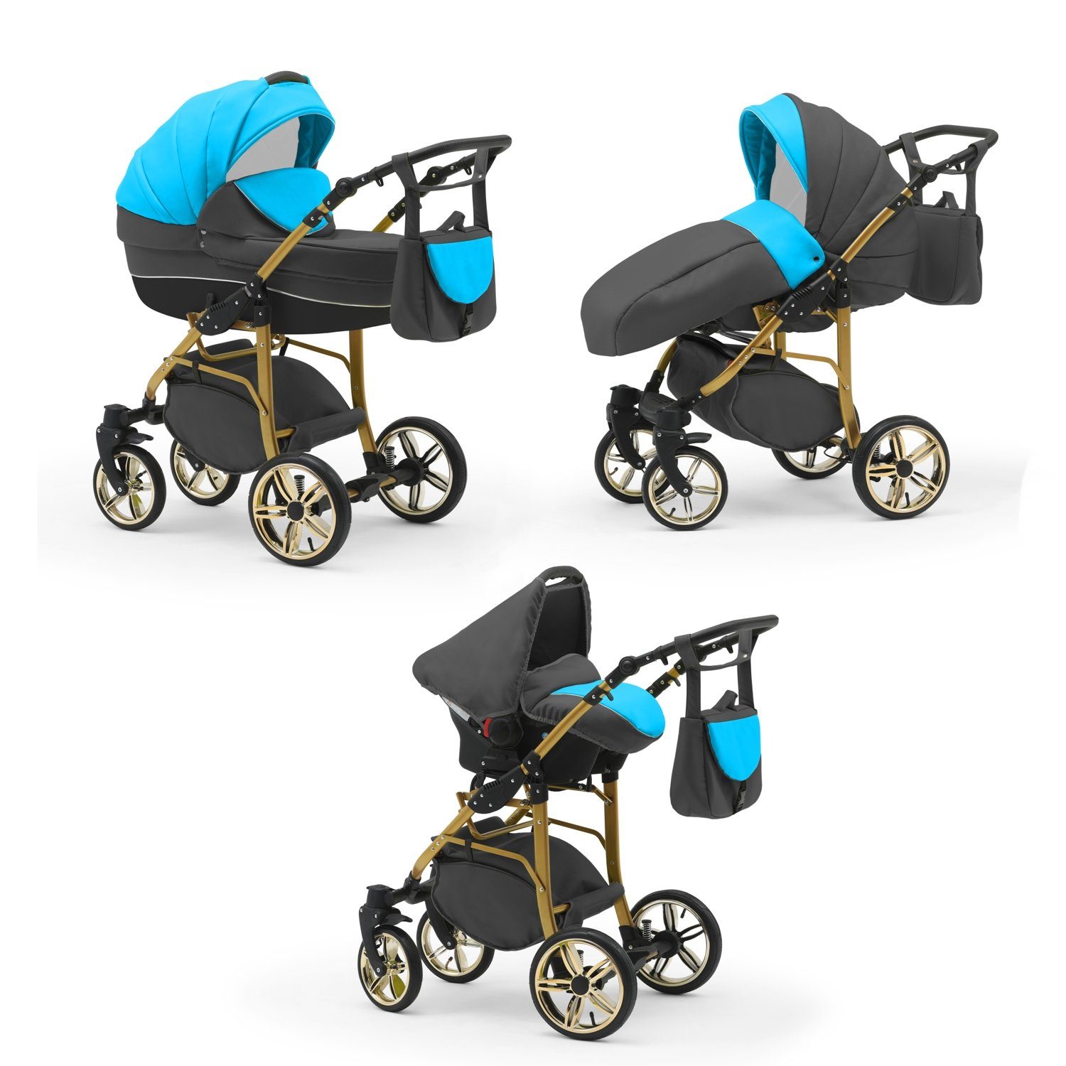 Kombi-Kinderwagen Teile Kinderwagen-Set 1 in Cosmo babies-on-wheels Farben 16 46 3 Grau-Türkis-Schwarz in - Gold-