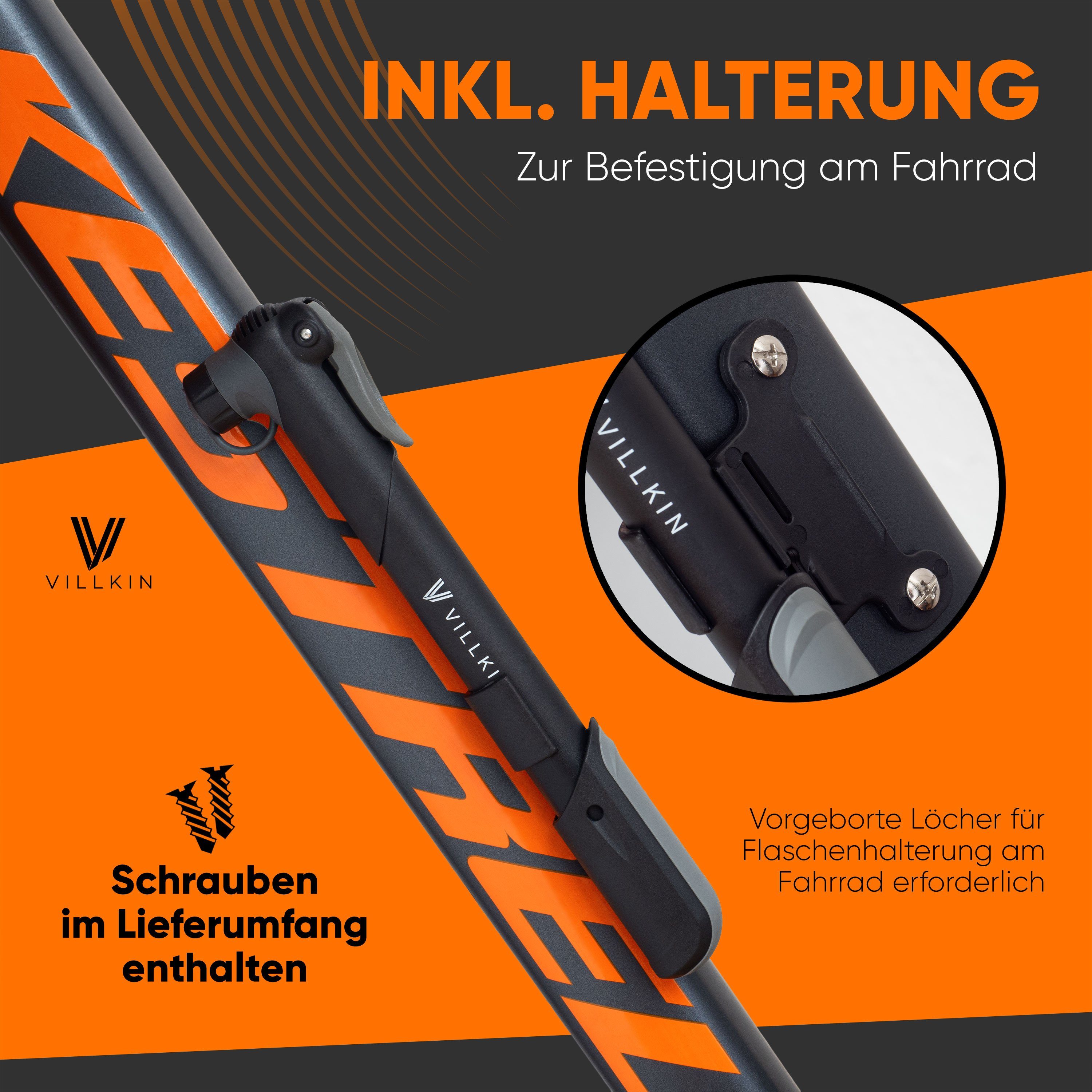 Villkin Fahrradpumpe, kleine Luftpumpe, Ballpumpe, Reifenpumpe, Handpumpe (22,5cm) (4-tlg., Befestigung für Fahrrad vorhanden), mehrere Adapter – Bild 5 von 5